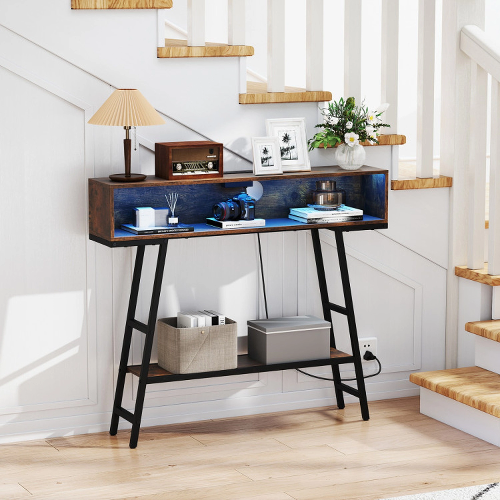 SUGIFT Engineered Wood Metal Frame RGB LED USB C Charging Console Table In Rustic Brown