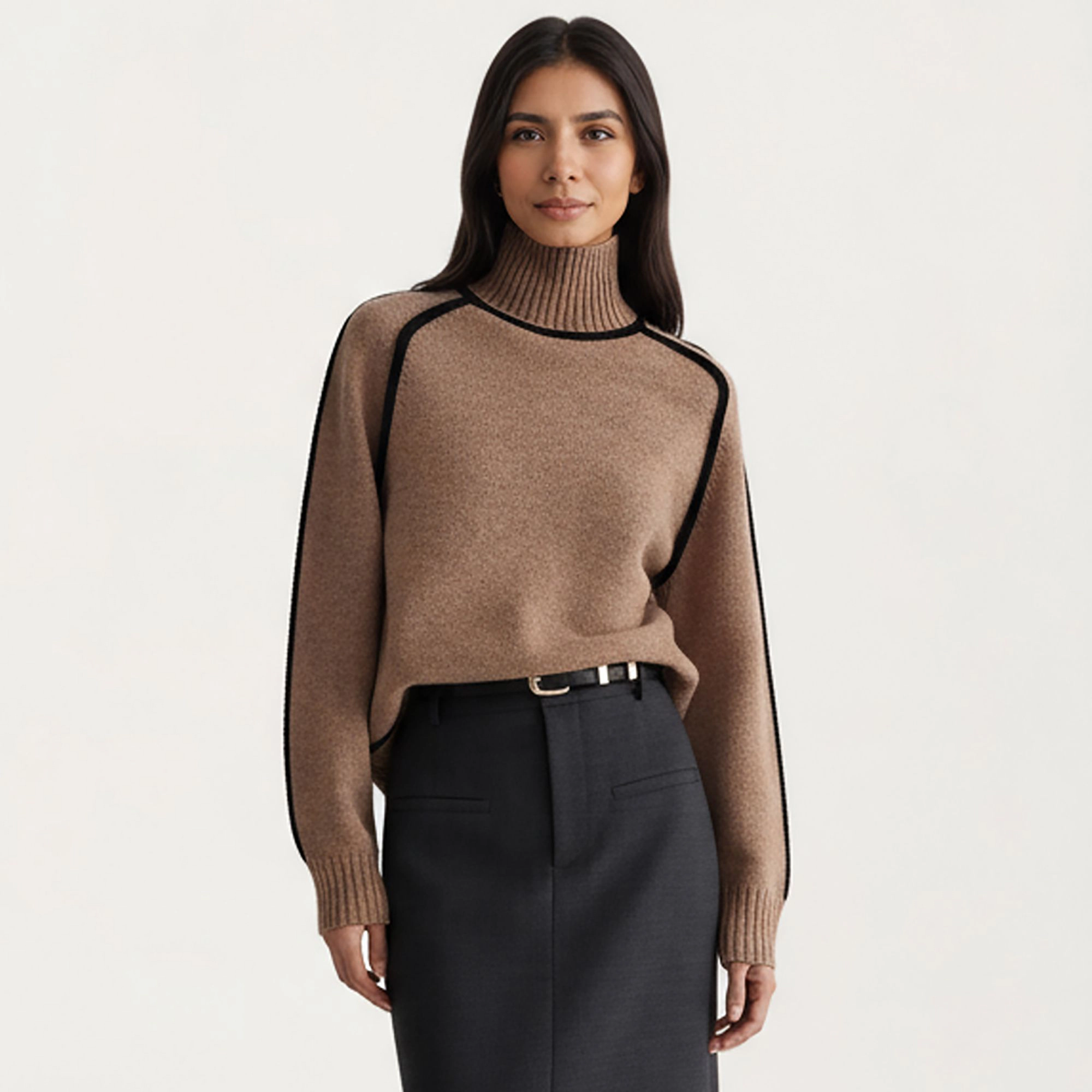 Anna-Kaci Women's Turtleneck Pullover Top with Contrast Trim Details and Ribbed Hemline for a Clean Modern Silhouette