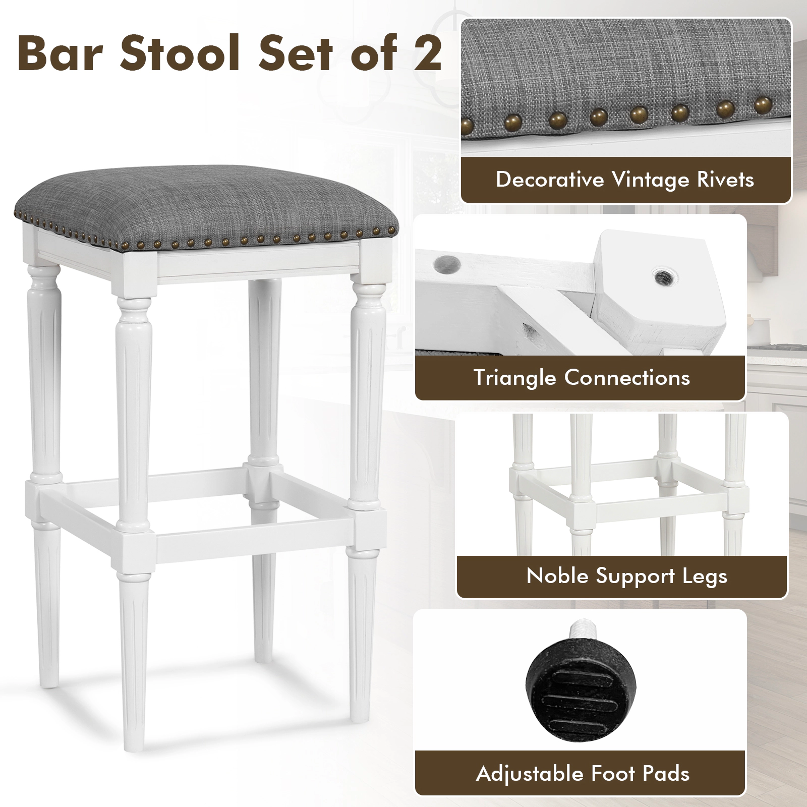 SUGIFT Gray Footrests and Padded Seats Set of 2 3 Heights Square Saddle Stool