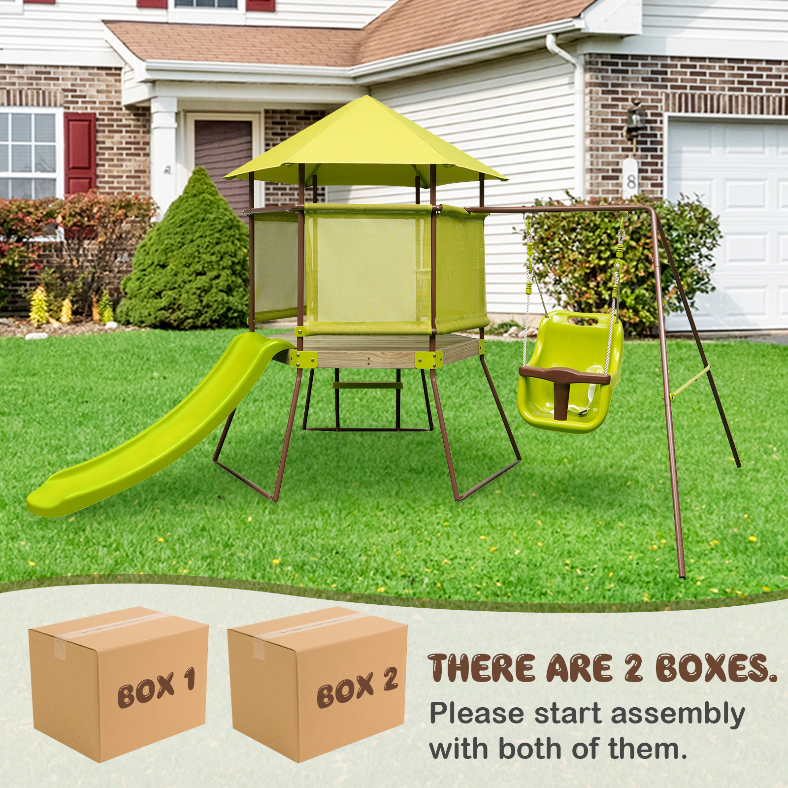 SUGIFT Kids Green 4-in-1 Swing Set with Playhouse Fort and Slide 7.5-ft W 6.7-ft D 5.5-ft H 200-lb Set Capacity