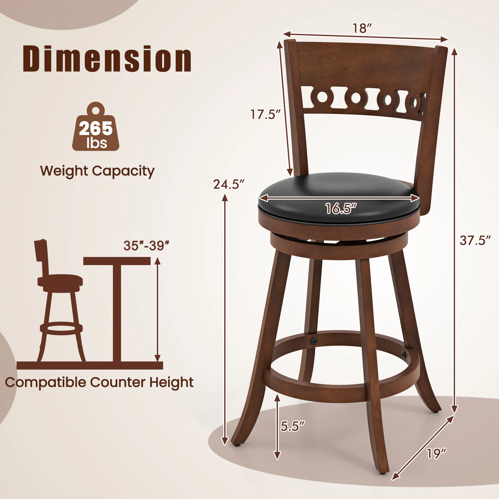SUGIFT Set of 2 Swivel Rubber Wood Bar Stools 265-Lb Capacity 24.5-in Seat Height Brown & Black