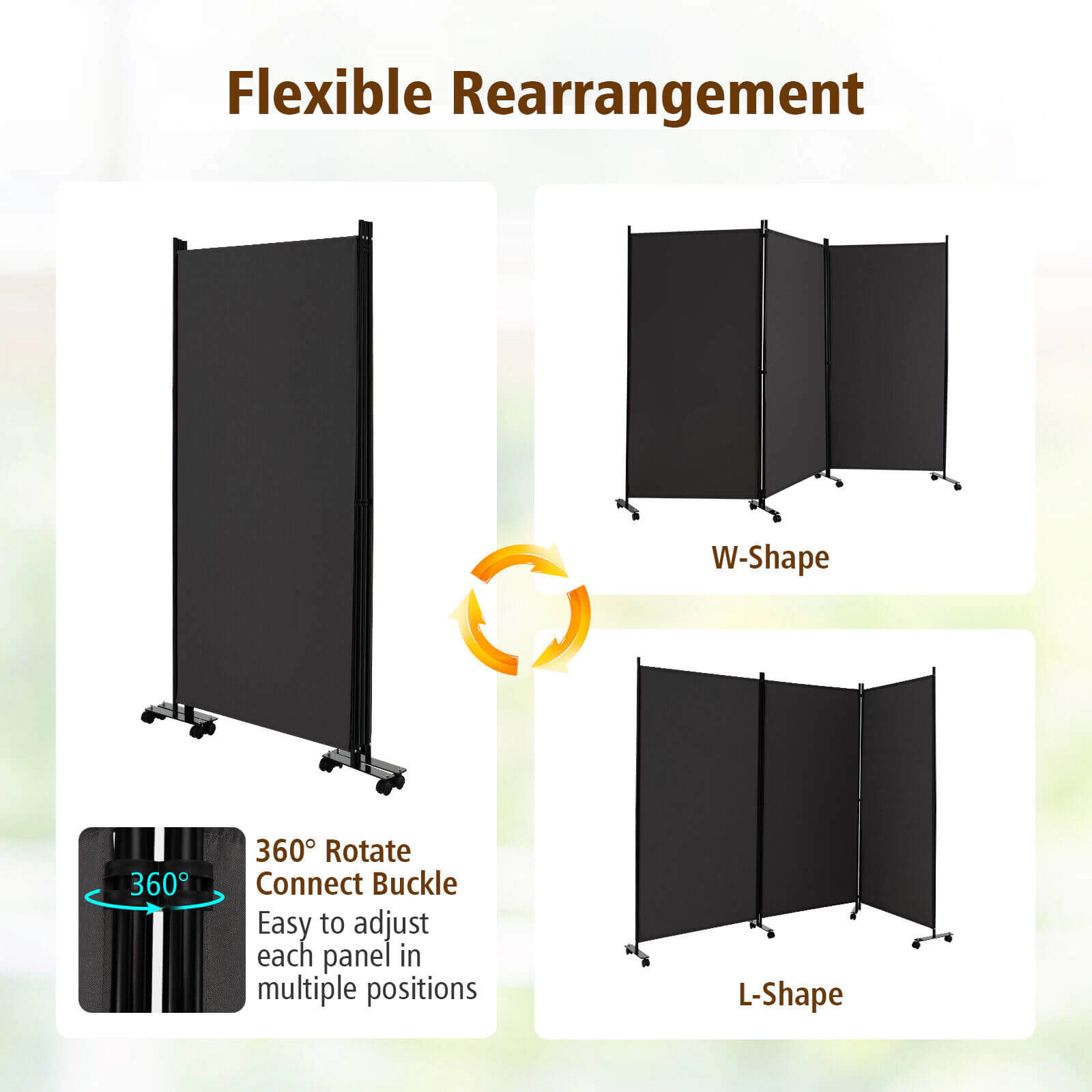SUGIFT 3 Panel Folding Room Divider with Lockable Wheels 103-in Wide Metal Frame Polyester Fabric Gray