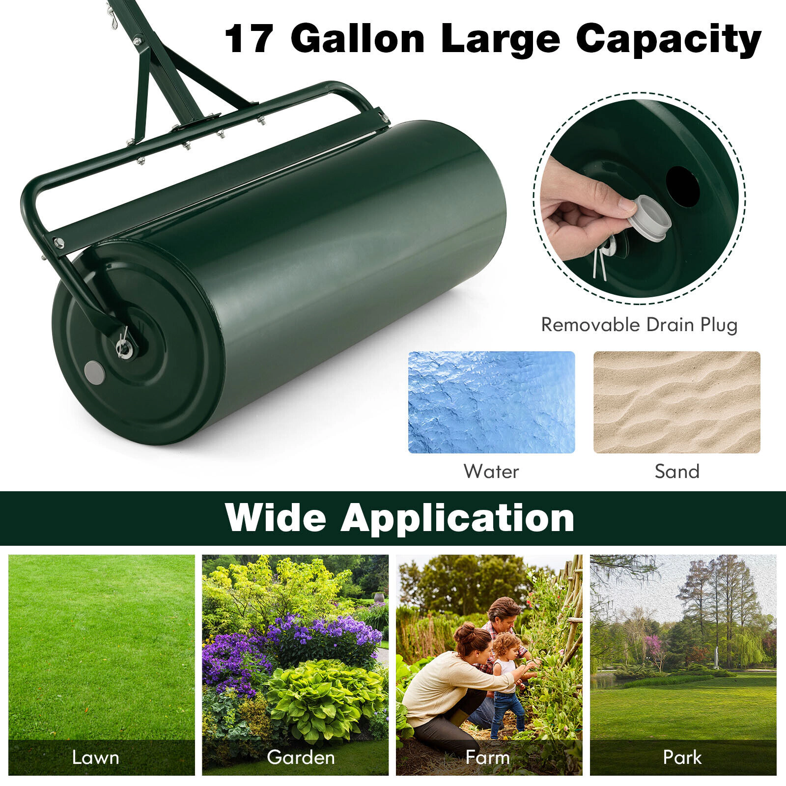 SUGIFT 17 Gallon Metal Lawn Roller Green with Detachable Gripping Handle