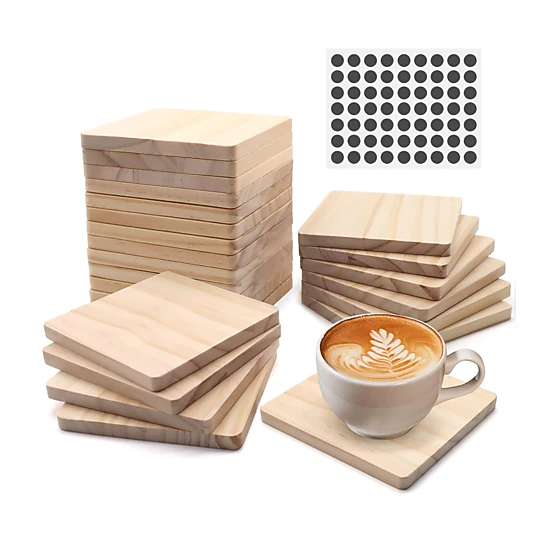 Stock Preferred Unfinished Wood Coasters with Non Slip Pads for Crafts 4 Inch