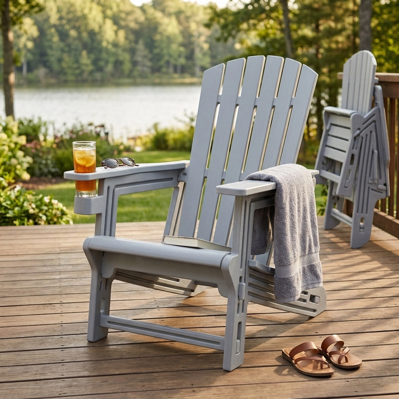 SUGIFT Gray HDPE Adirondack Chair, 103-Degree High Back, Cup Holder, 330-Lb Capacity