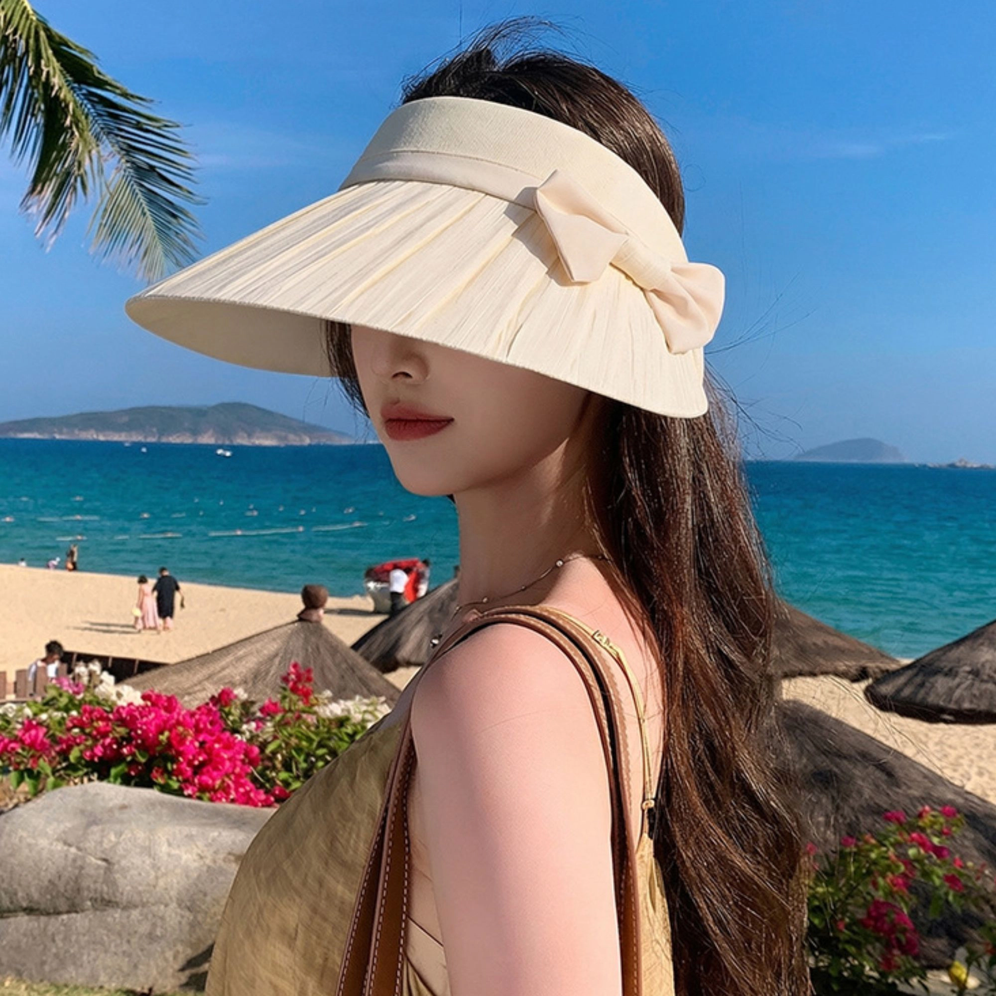 Anna-Kaci Women's Women Wide Brim Visor Hat Pleated Design Adjustable Back Strap Sun with Bow Detail