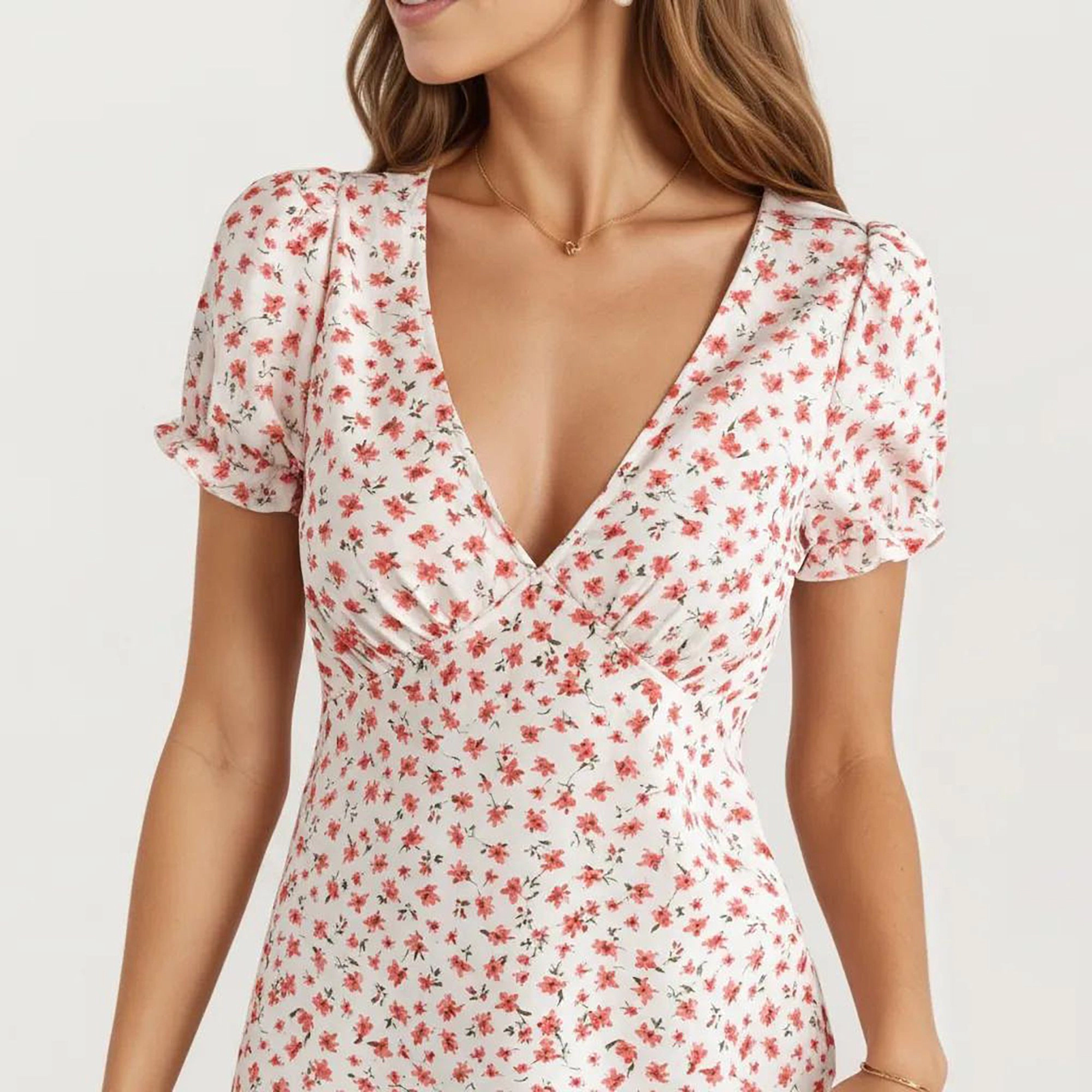 Anna-Kaci Women's Short Sleeve V-Neck Ditsy Floral Mini Dress, Fitted A-Line
