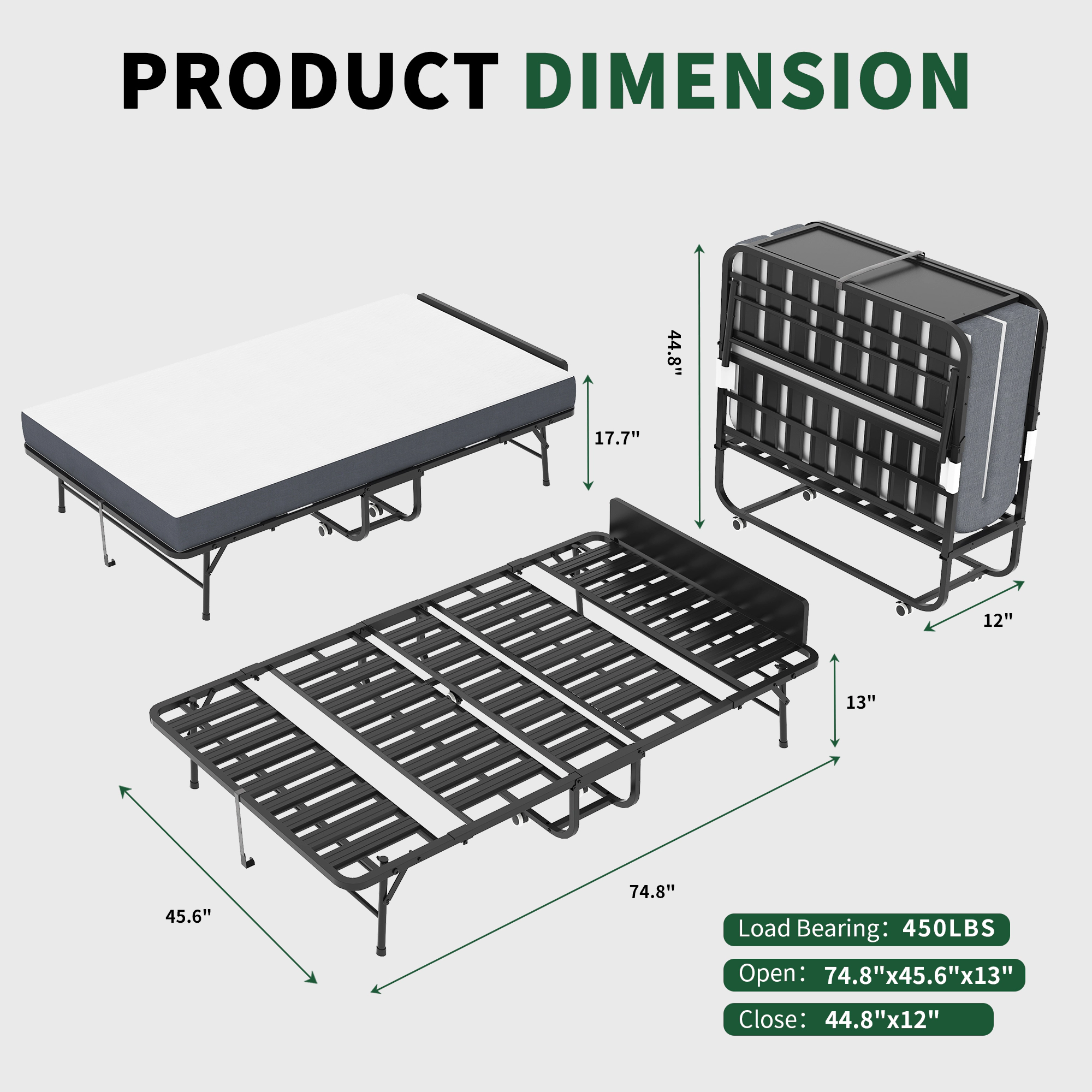 Flynama 75"x46" Folding Bed with Adjustable Headboard, 5" Memory Foam, Rollaway on Wheels