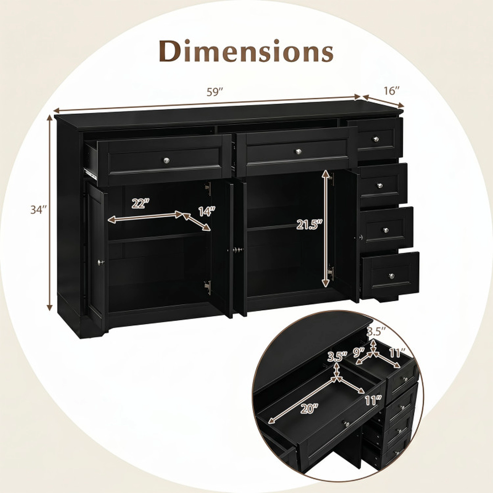 SUGIFT 6-Drawer 2 Cabinets Coffee Bar Station Buffet Sideboard 59-in x 16-in x 34-in 220-lb Capacity Black