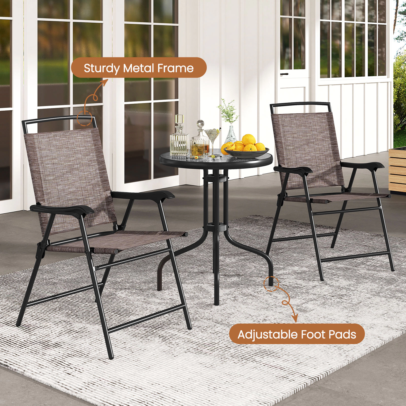 LJG 3 Pieces Patio Round Table and Folding Chairs Set with Rippled Tempered Glass Tabletop