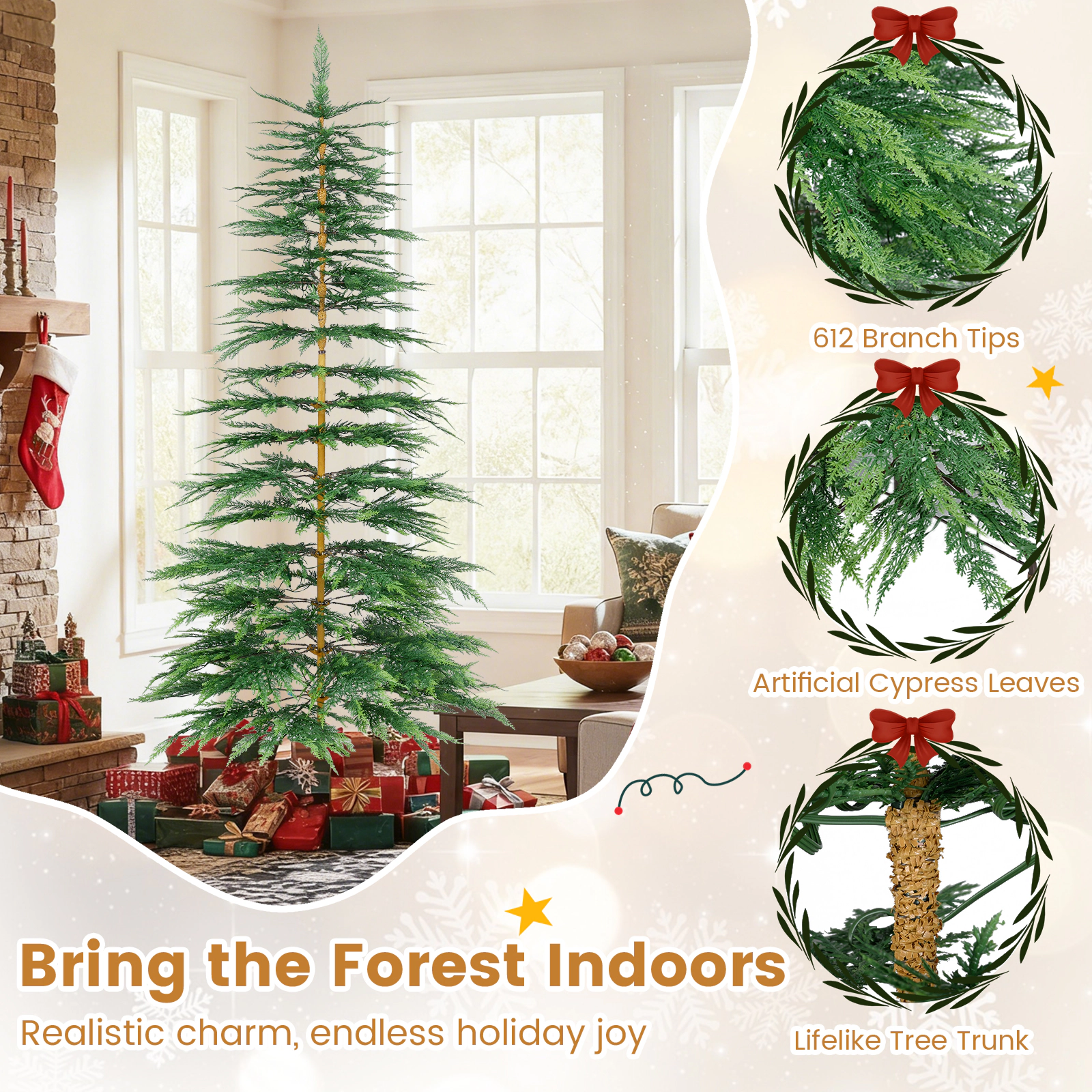 Costway 7.5 FT Pre-Lit Cypress Christmas Tree Hinged with 612 PE Branch Tips Timer & 540 Lights
