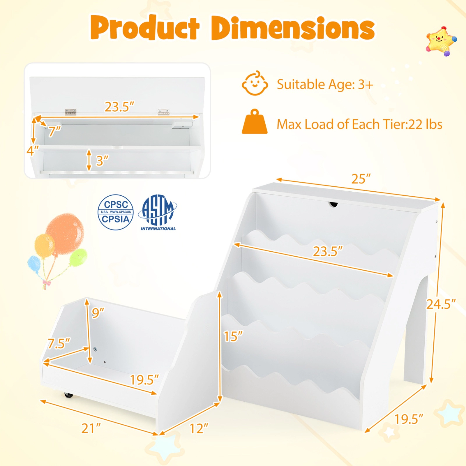 SUGIFT 2-in-1 24.5-in Kids Bookshelf and Rolling Toy Storage Organizer with Flip-Top Compartment and Drawer