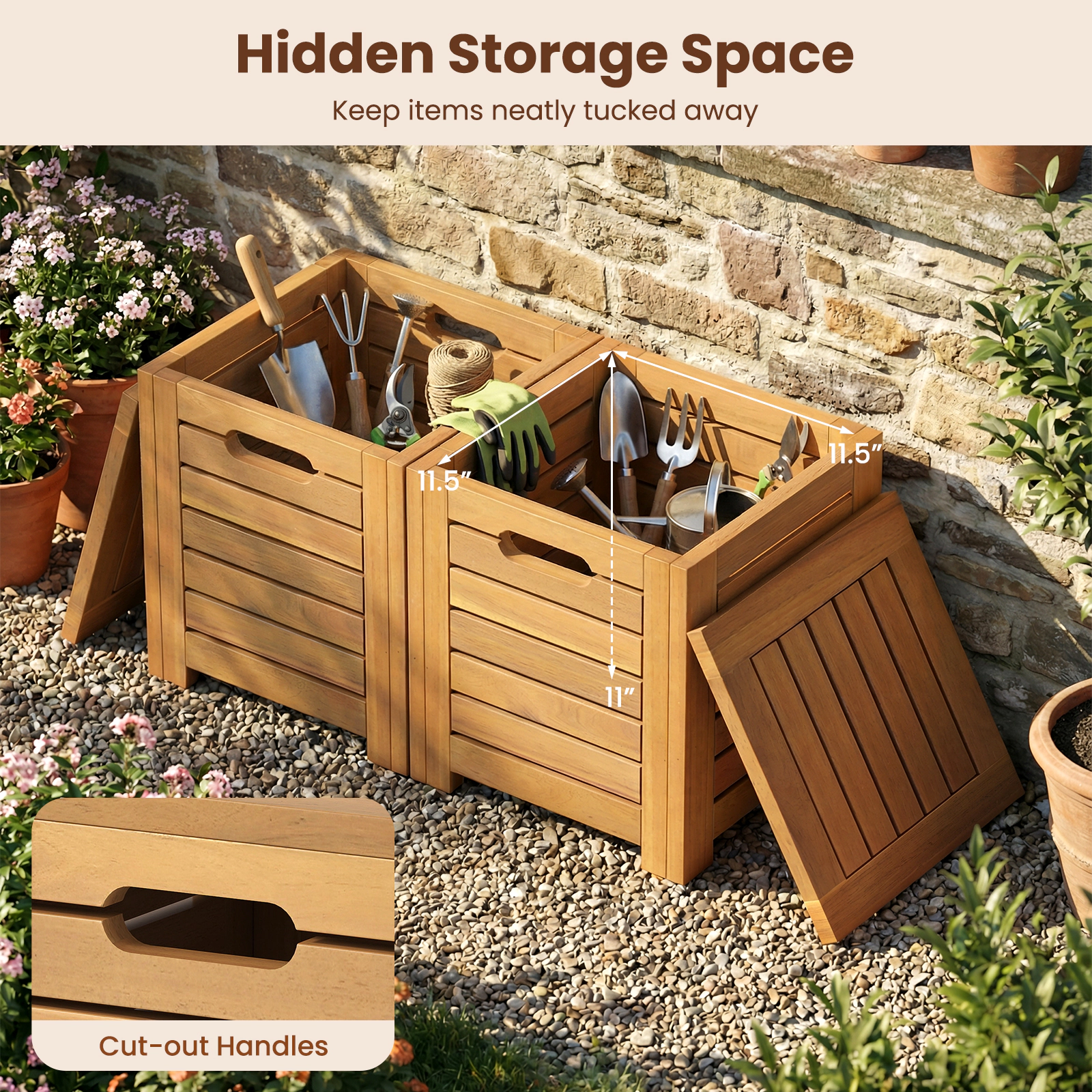 SUGIFT 2 Storage Stools 3-Piece Natural Acacia Wood Patio Coffee Table Set