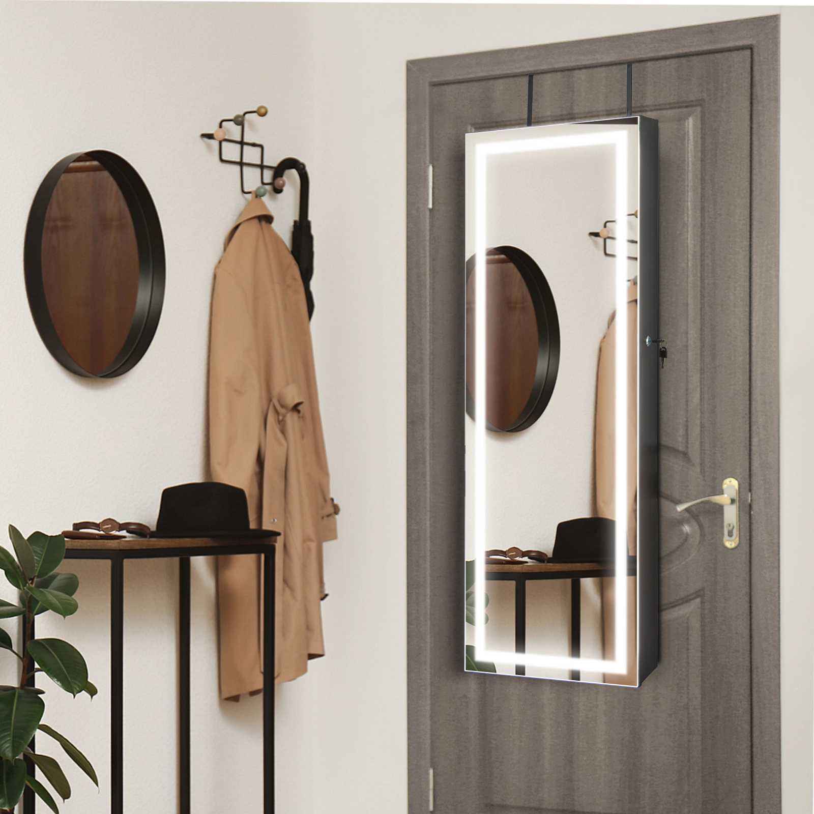 SUGIFT Black Mirrored Jewelry Armoire with Full-Length Mirror 2 Internal LED Lights and Velvet Lining