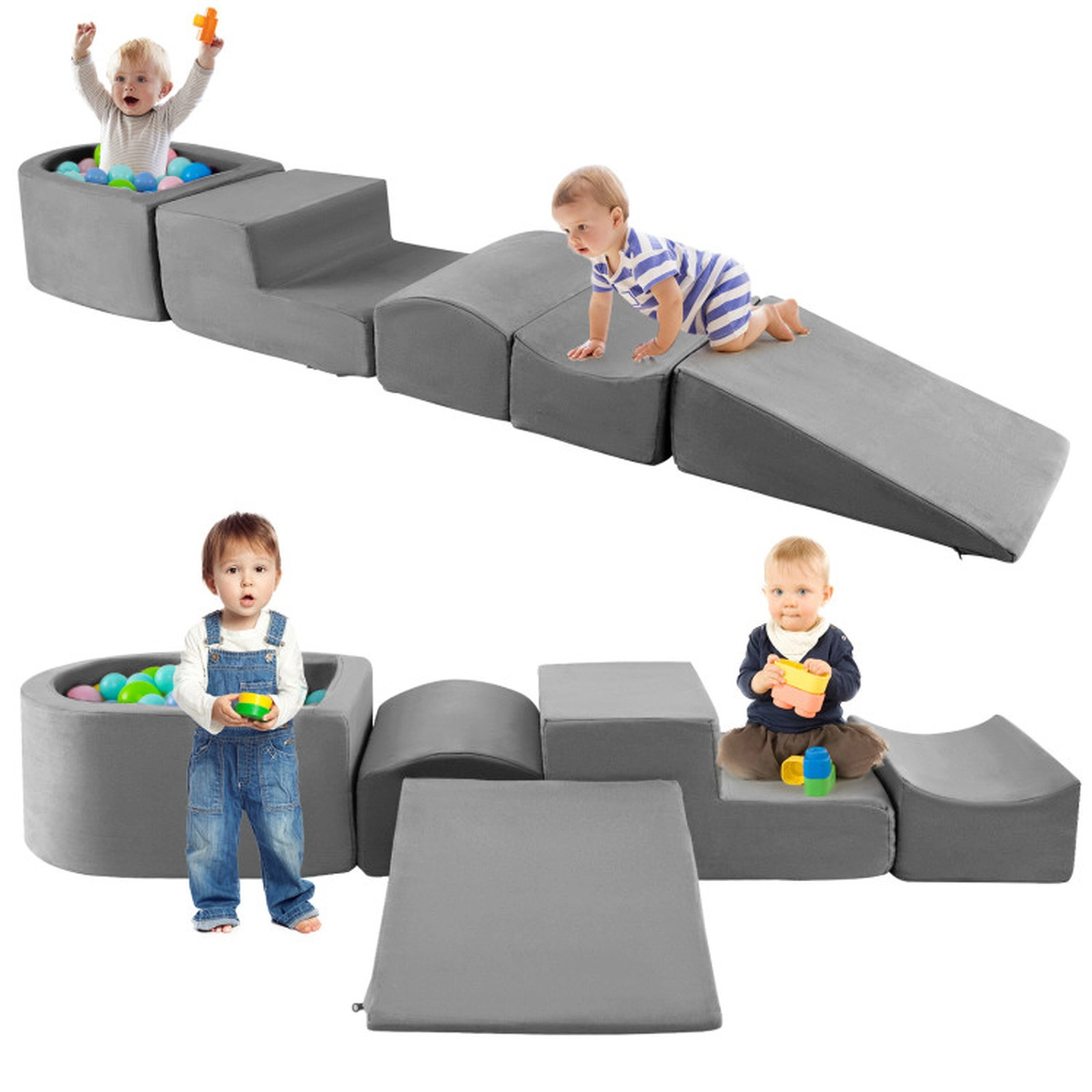 SUGIFT 5-Piece Climb and Crawl Playset with Ball Pit 24-in Ball Pit Ages 3+ Gray/Pink/Multicolor