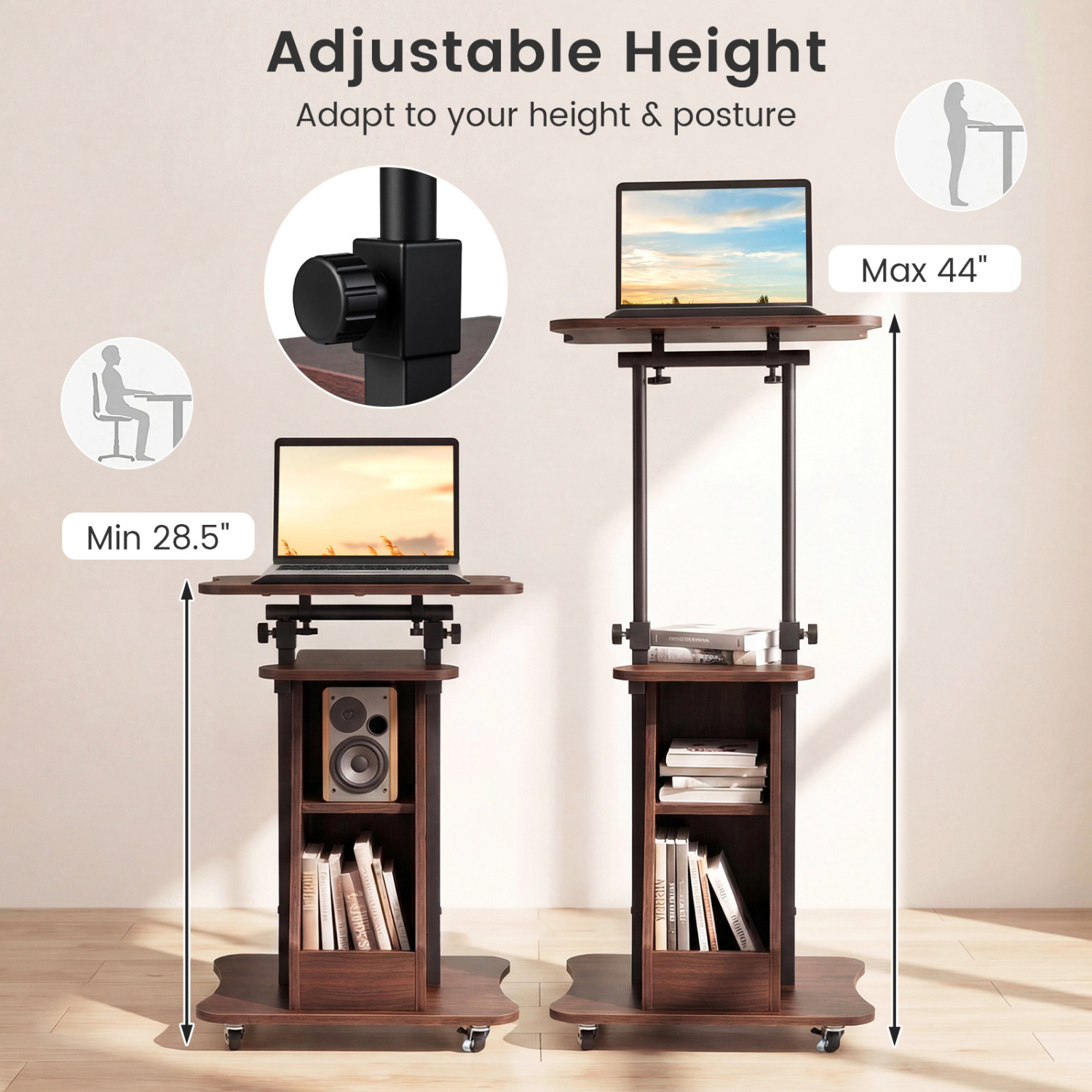 SUGIFT Height Adjustable Mobile Laptop Podium Stand Lap Desk with Tilting Tabletop 200-lb Capacity Brown