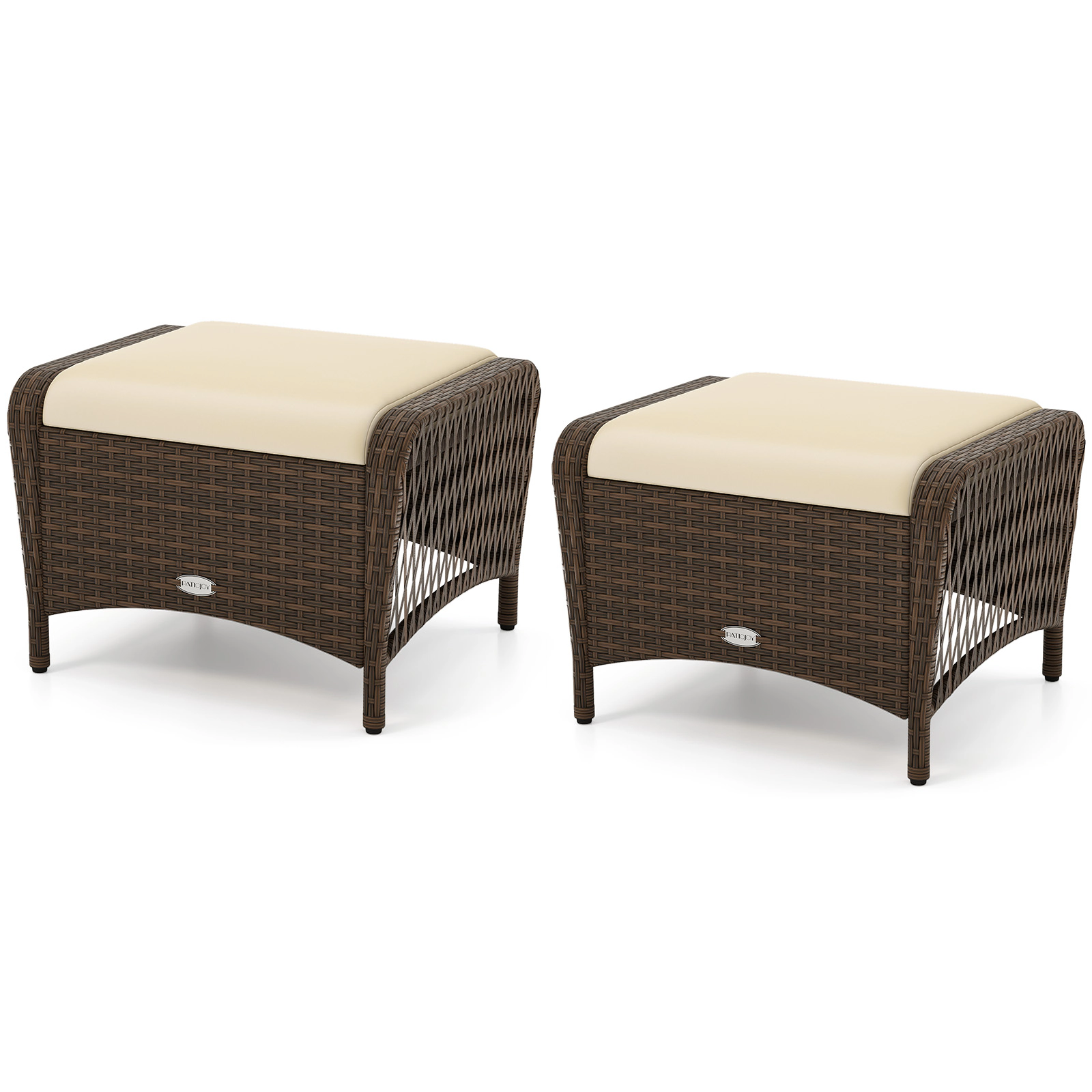 LJG Set of 2 Outdoor Patio PE Wicker Ottomans with Removable Cushions
