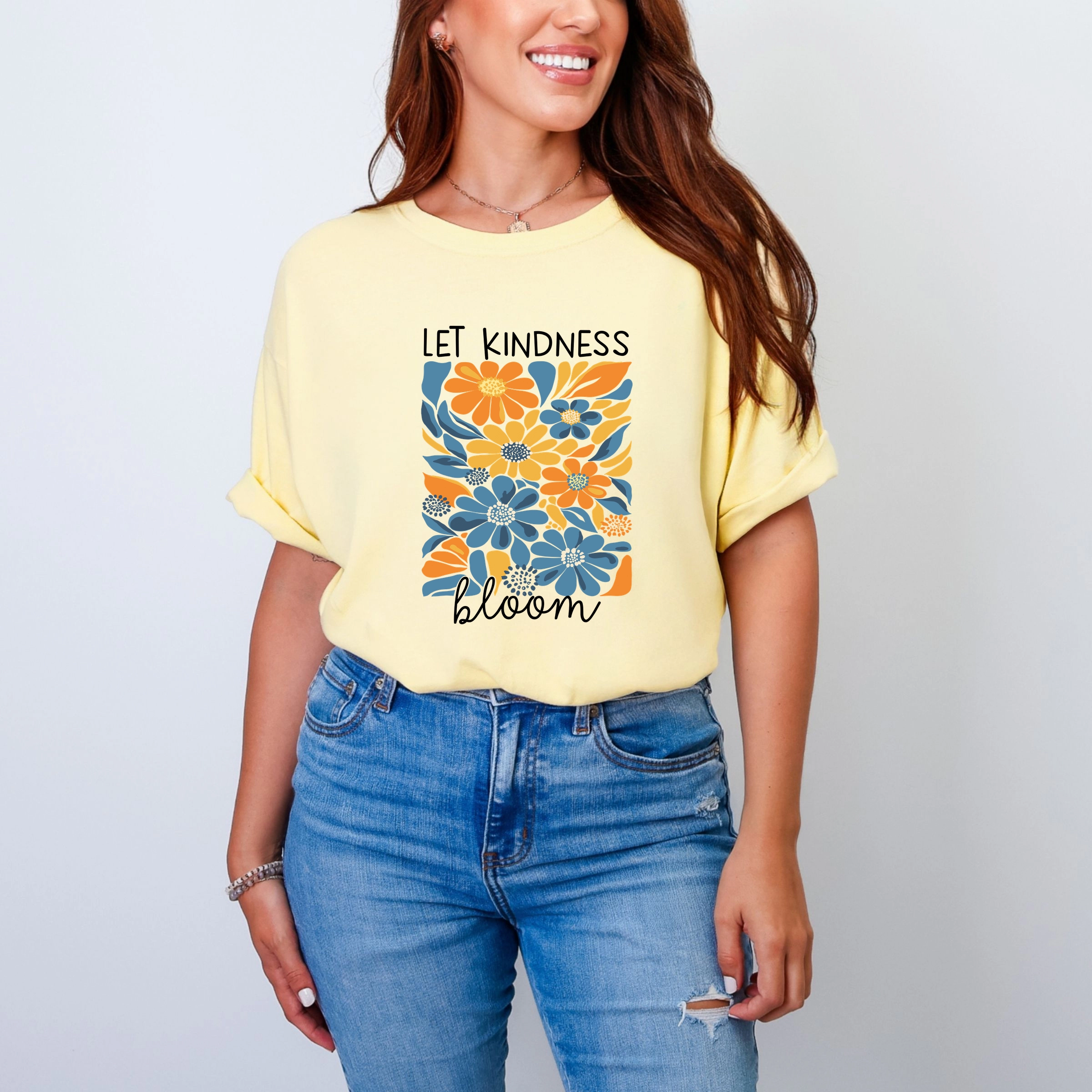 Simply Sage Market - Let Kindness Bloom Blue and Orange Flowers Women's Garment Dyed Graphic T-Shirt