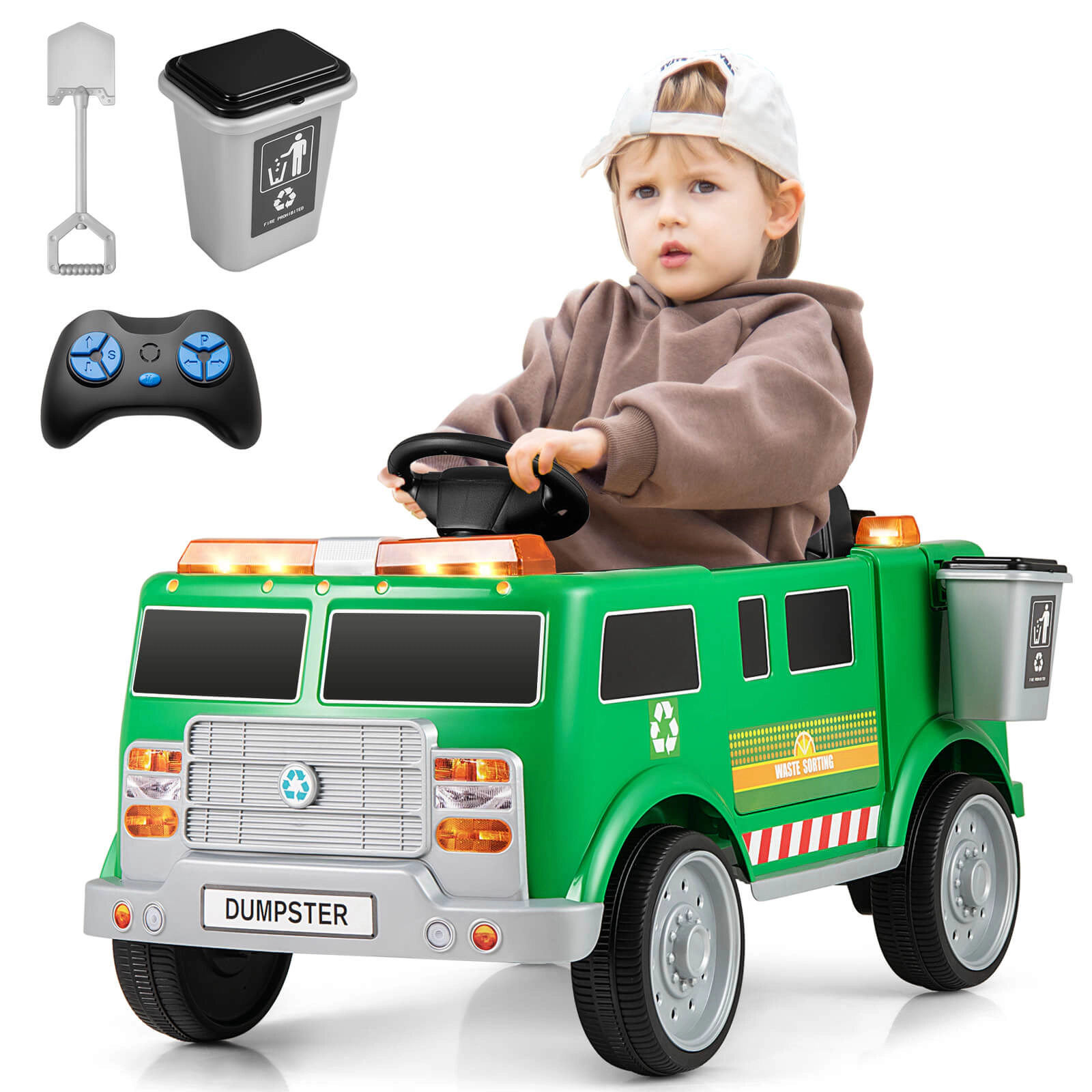 Costway Ride on Garbage Truck with Remote Control Trash Bin Shovel Lights Sound Effects