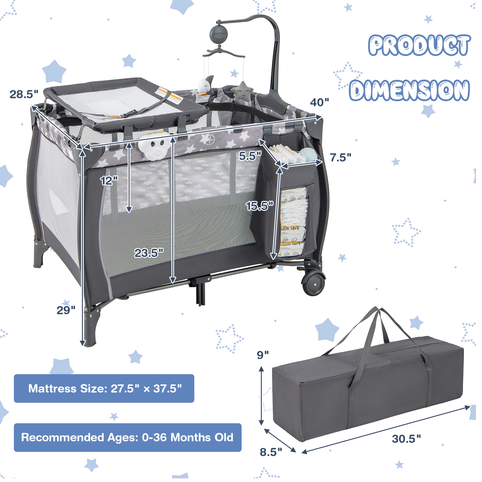 SUGIFT Portable Baby Playard with Changing Table Bassinet and Music Box 33-lb Capacity Ages 0-3 Years Gray