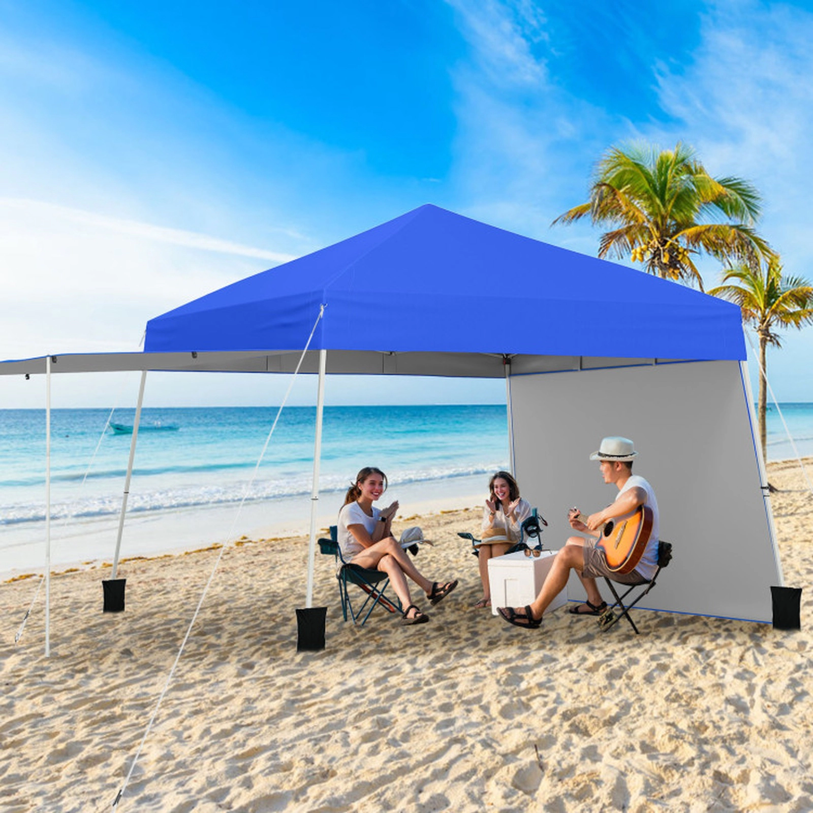 SUGIFT 14 x 9.2ft Pop Up Gazebo Canopy Tent with 2 Convertible Sidewalls to Awning and Stakes 30-lb Net Weight Blue