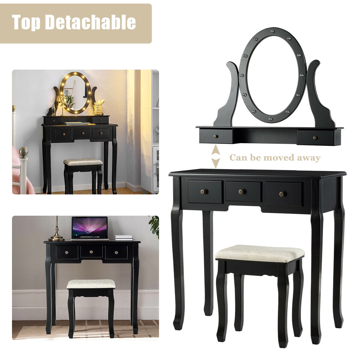 SUGIFT 5-Drawer Vanity Table and Stool Set with 12-LED Oval Mirror 31.5-in Table Height Black
