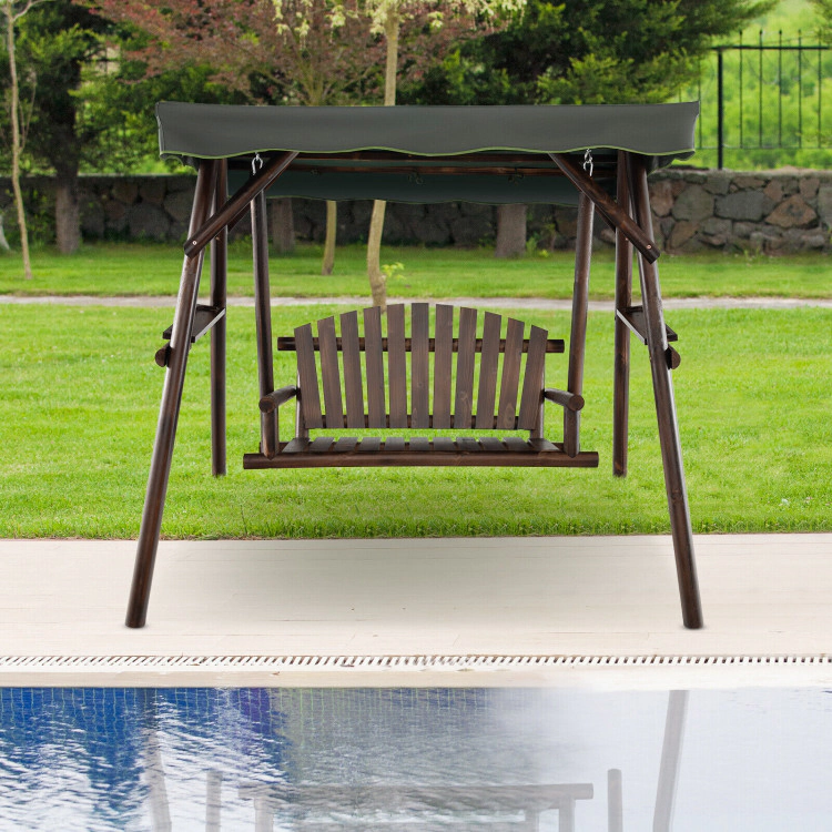 Hivvago 2-Person Outdoor Wooden Porch Swing With An Adjustable Canopy