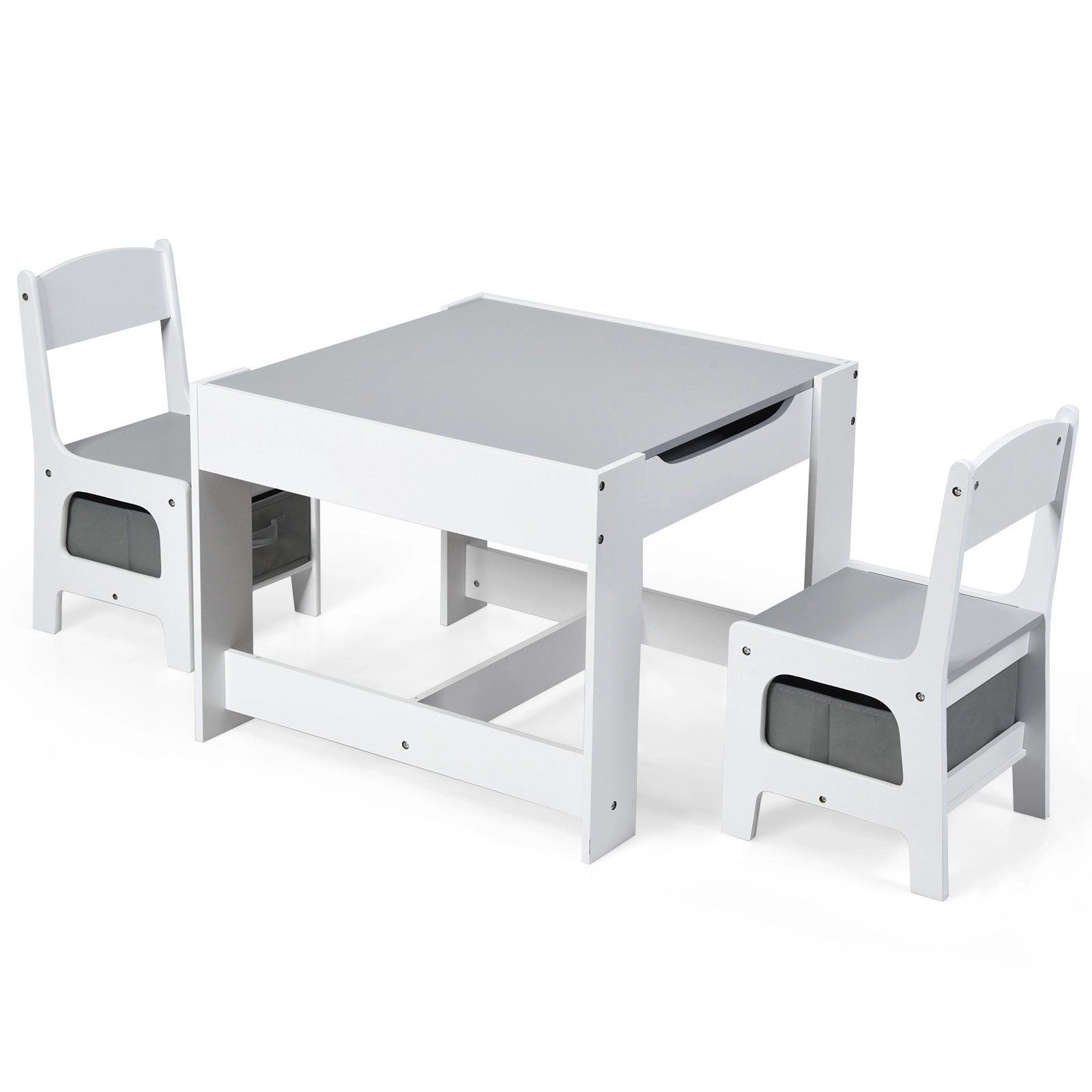 SUGIFT White Storage Boxes and Reversible Chalkboard Whiteboard Top 3-Piece Kids Table and Chair Set