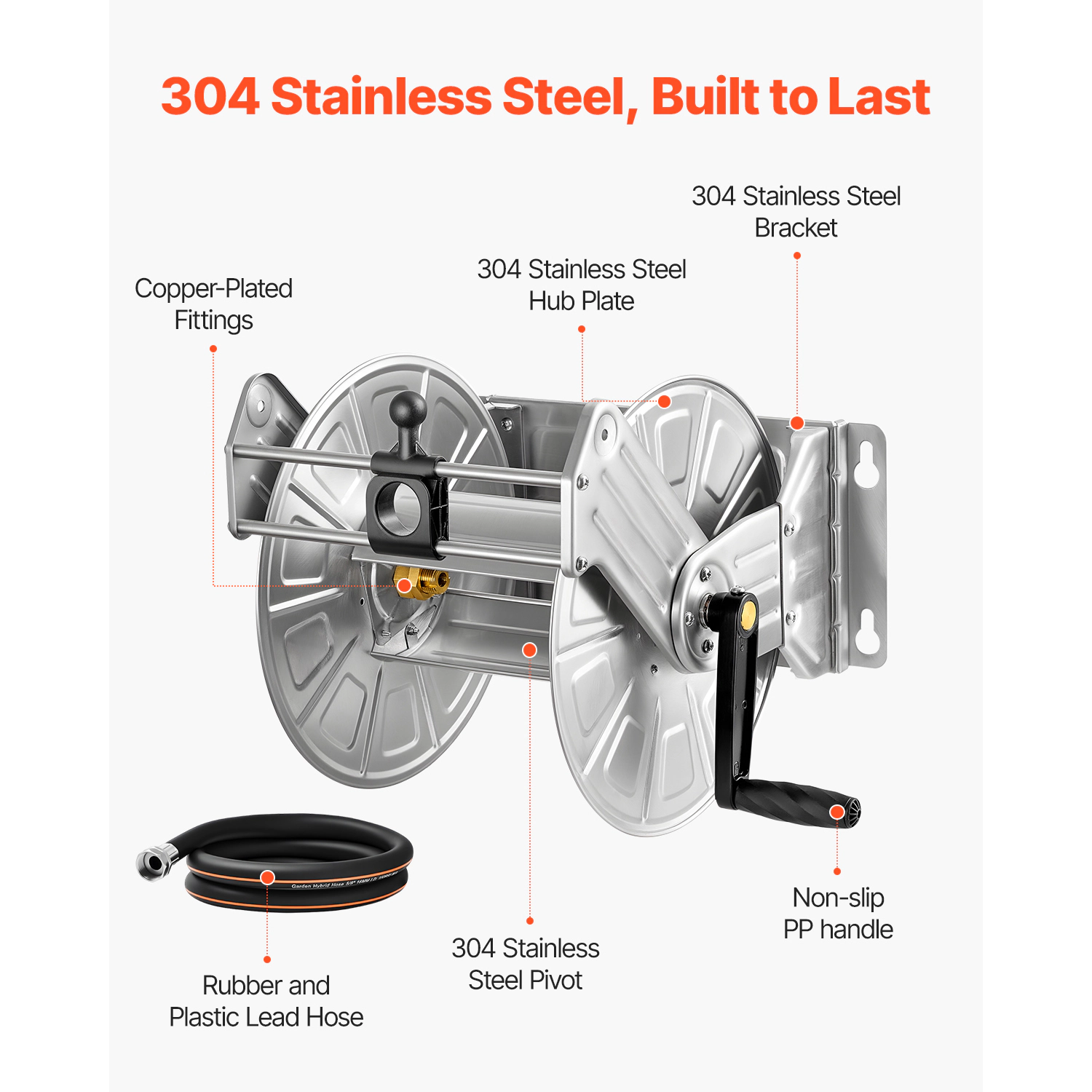 HONGGE Heavy-Duty Wall Mounted Garden Hose Reel Holds 5/8-inch Hose Outdoor Winder