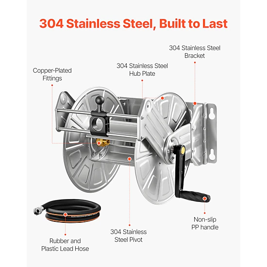 HONGGE Heavy-Duty Wall Mounted Garden Hose Reel Holds 5/8-inch Hose Outdoor Winder