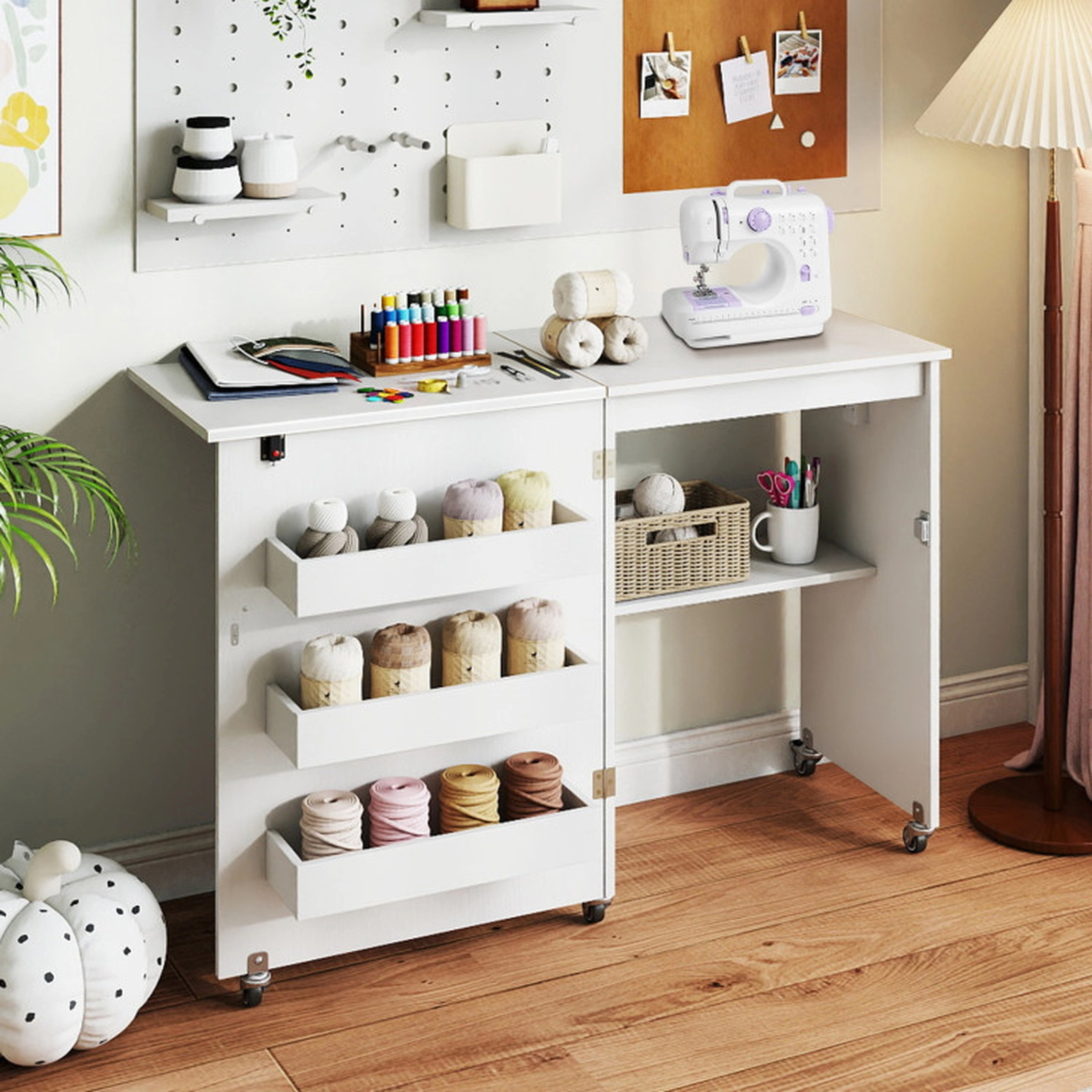SUGIFT Folding Charging Station 5 Casters Sewing Machine Table Desk 45.5-in x 16-in x 31-in 45-lb Capacity White