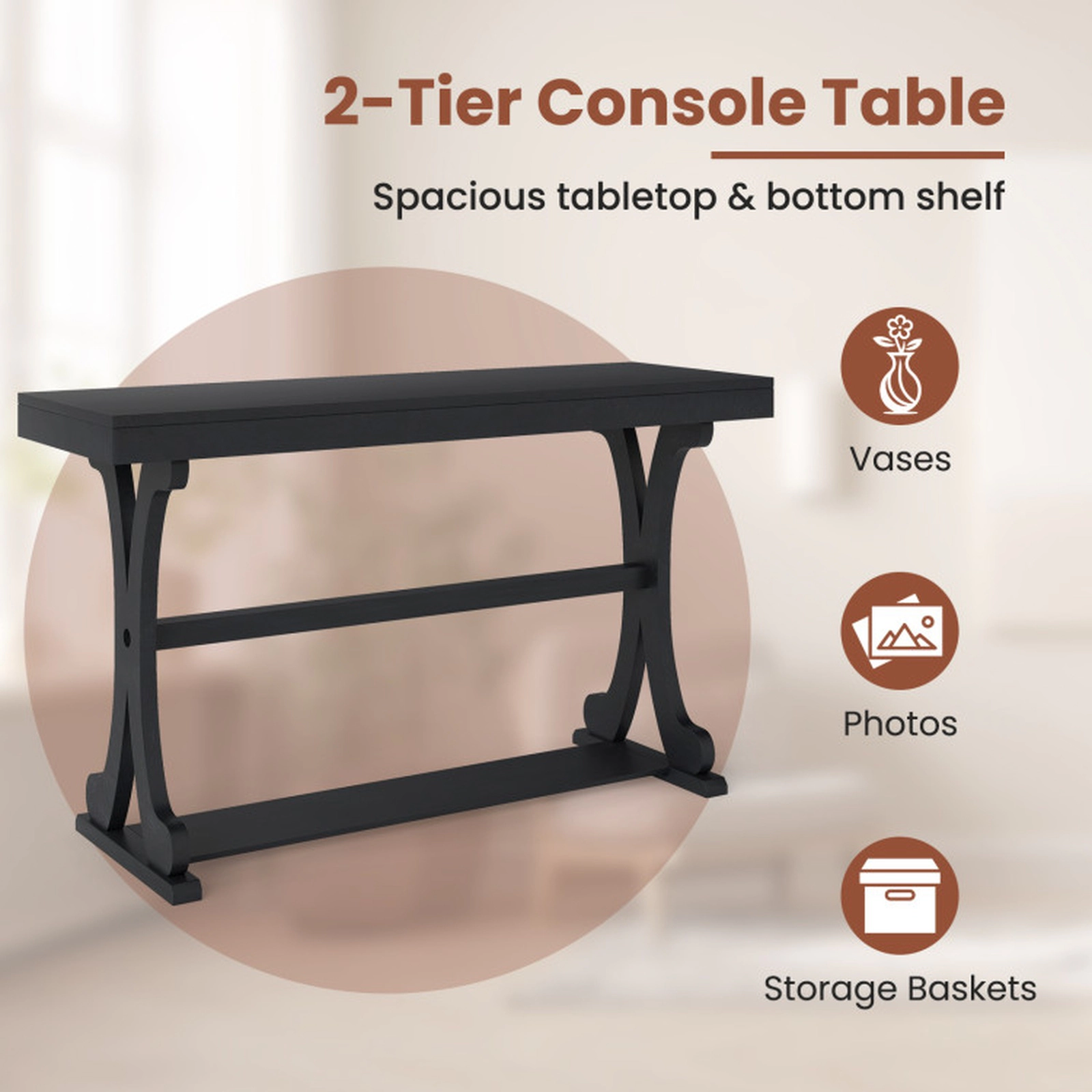 SUGIFT Solid Wood and MDF Curved Legs 2 Tier Open Shelf Console Table In Black