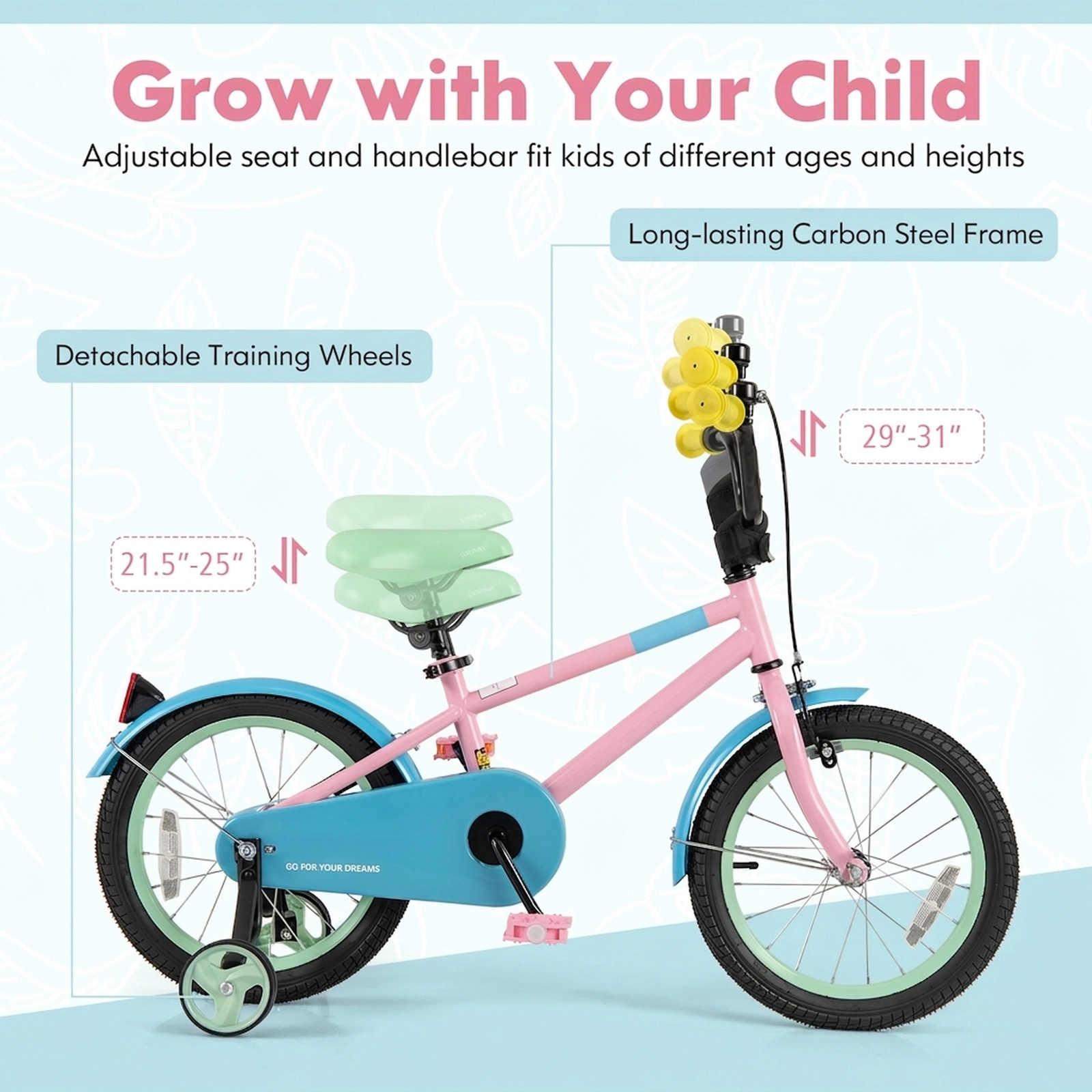 16-in Girls Bike Coaster Brake Hand Lever Removable Training Wheels Anti-Slip Grips Pedals Chain Guard Ages 4-7 Pink