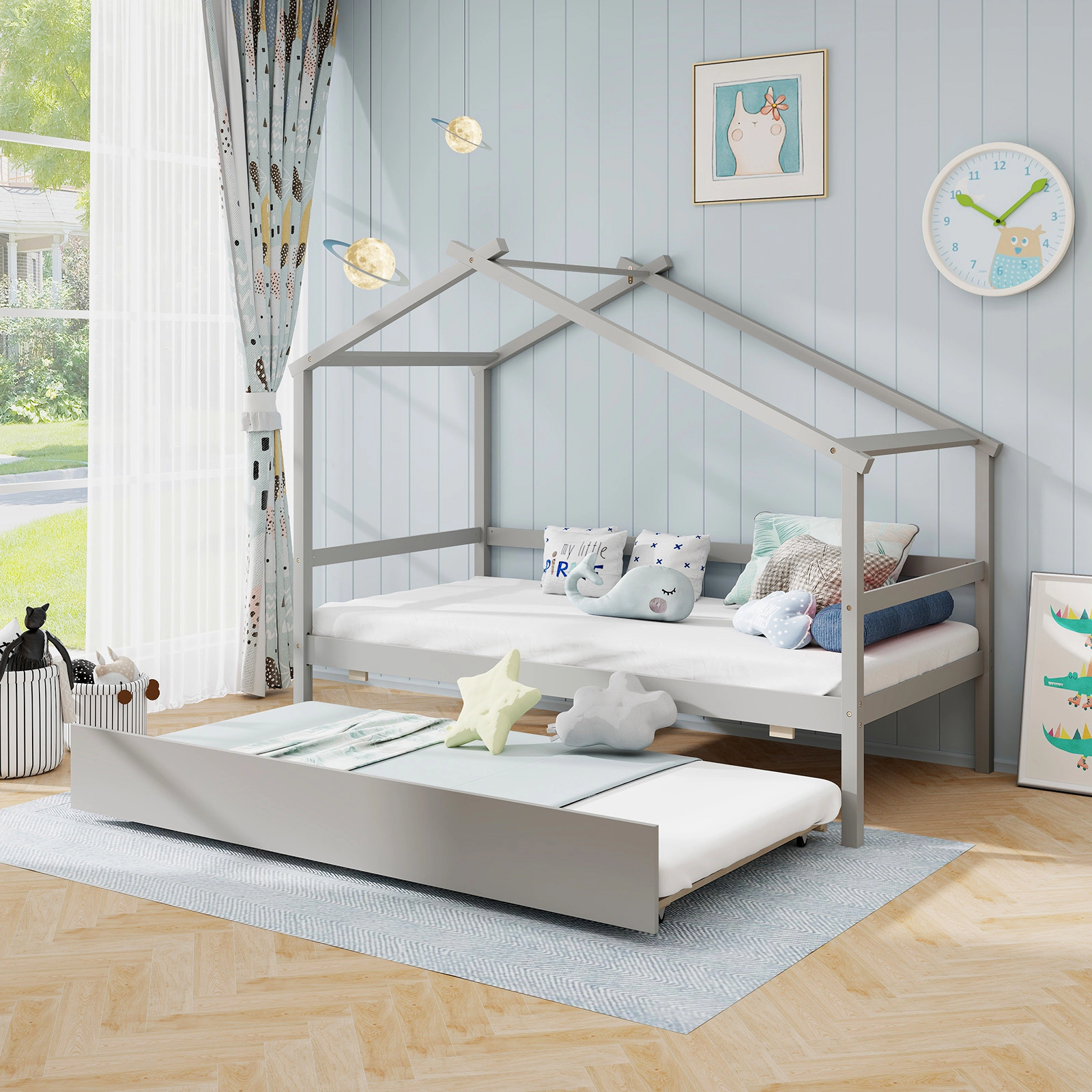 SUGIFT Kids Twin Size House Bed with Trundle and Roof 200-lb Capacity Gray
