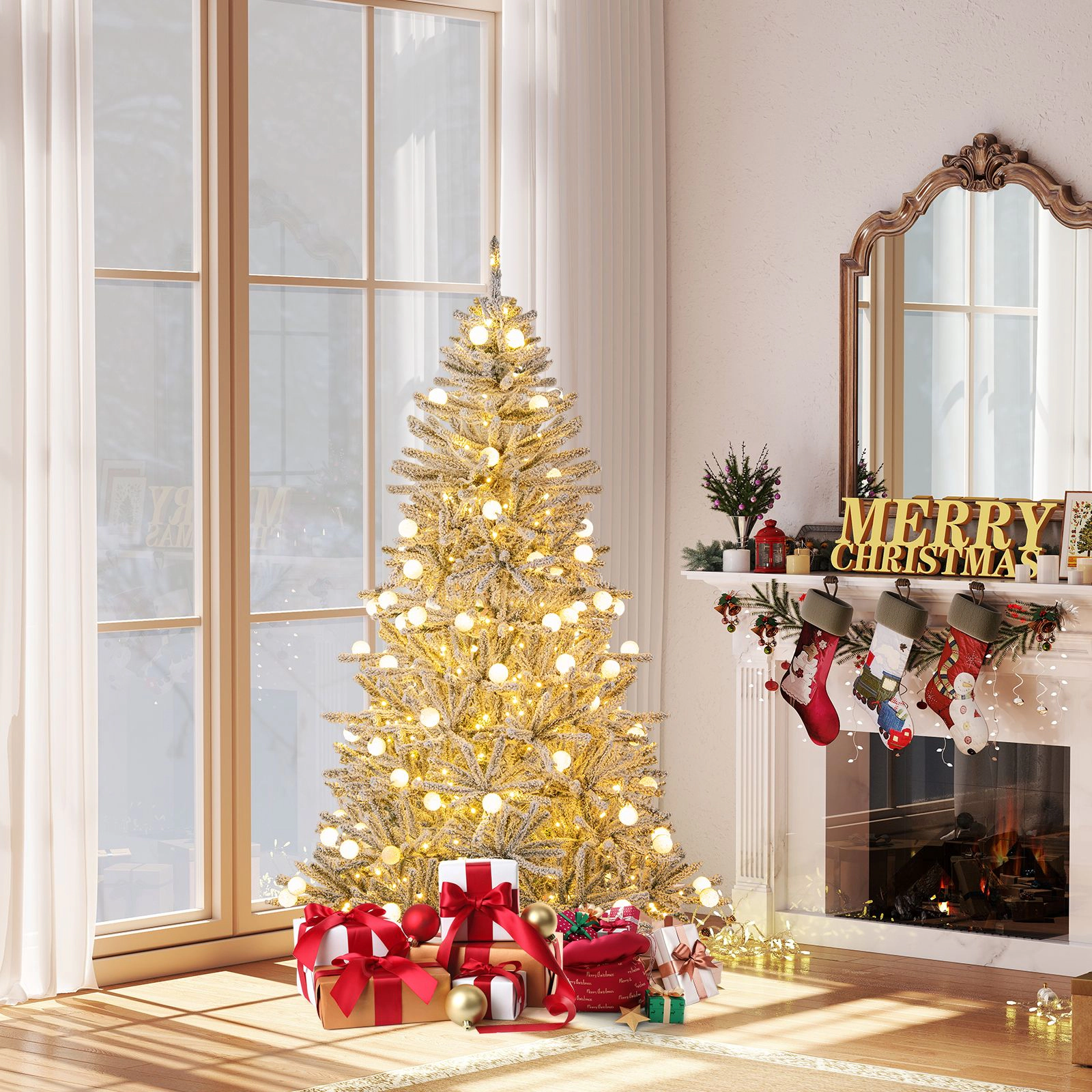 SlickBlue Pre-Lit Snow Flocked Christmas Tree with Remote Control