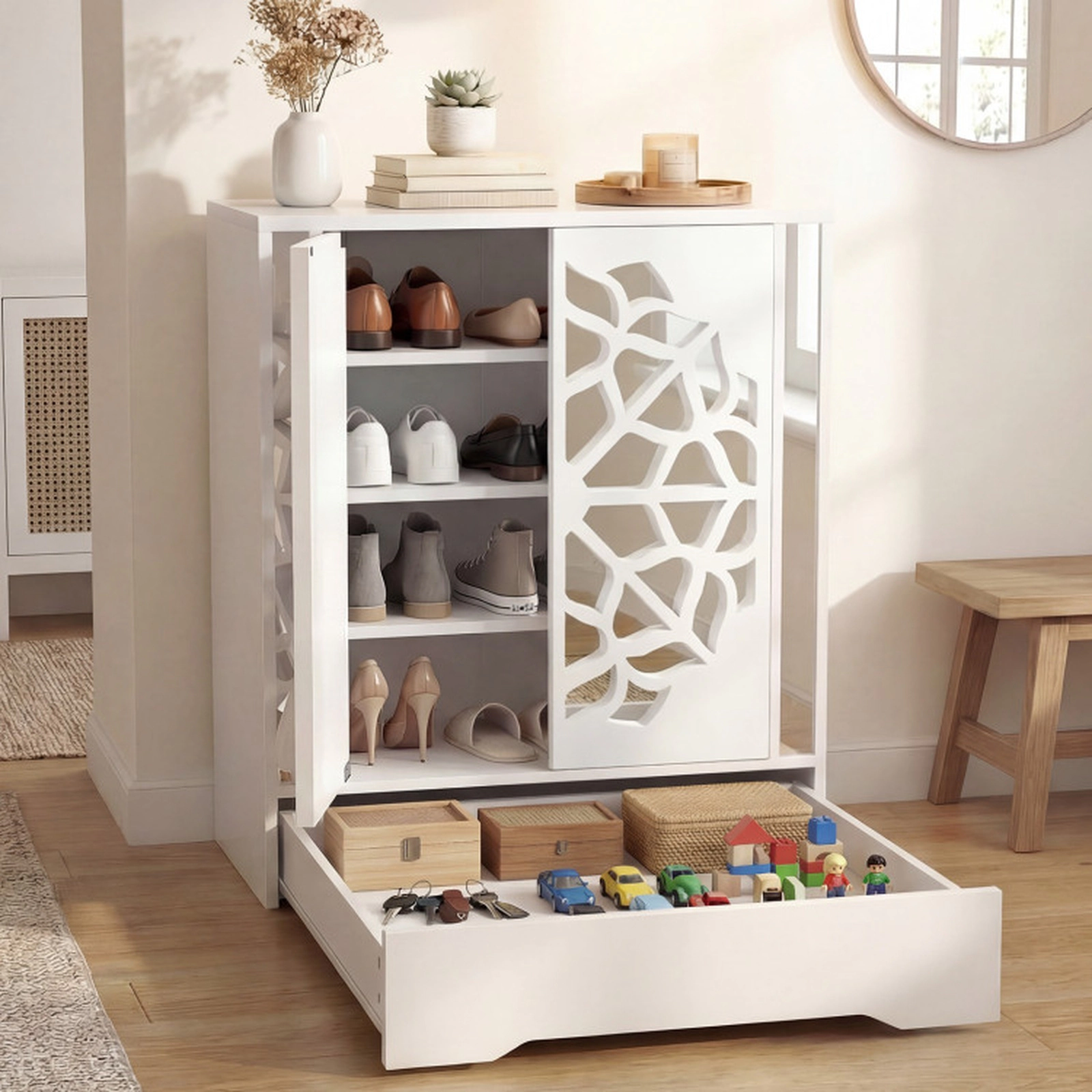 SUGIFT White Large Bottom Drawer and Anti-Tip Kits 4-Tier Mirrored Shoe Cabinet Shoe Organizer