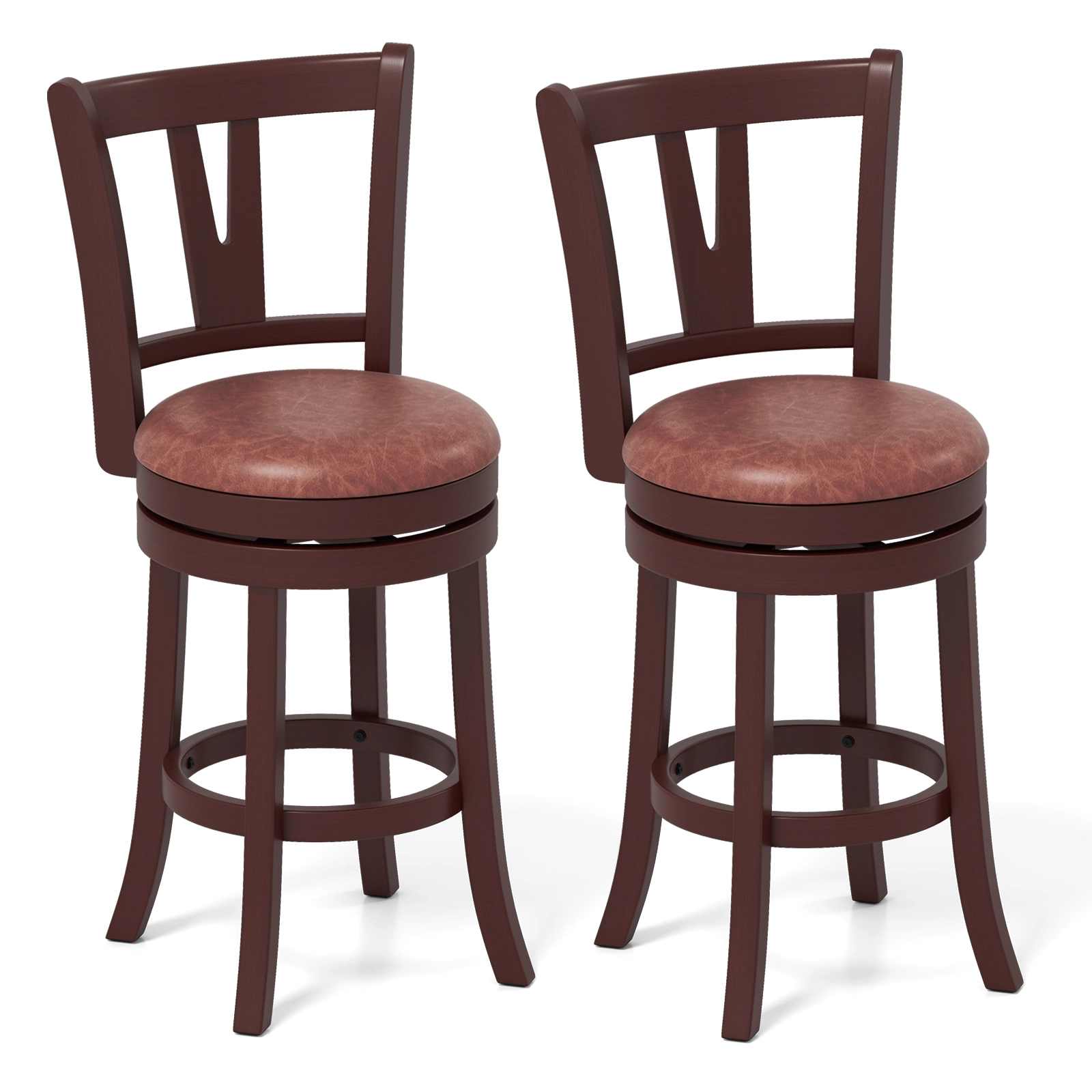 SUGIFT Set of 2 360° Swivel Counter Height Bar Stools with High Backs & Footrests 355-lb Capacity 26-in Seat Cappuccino