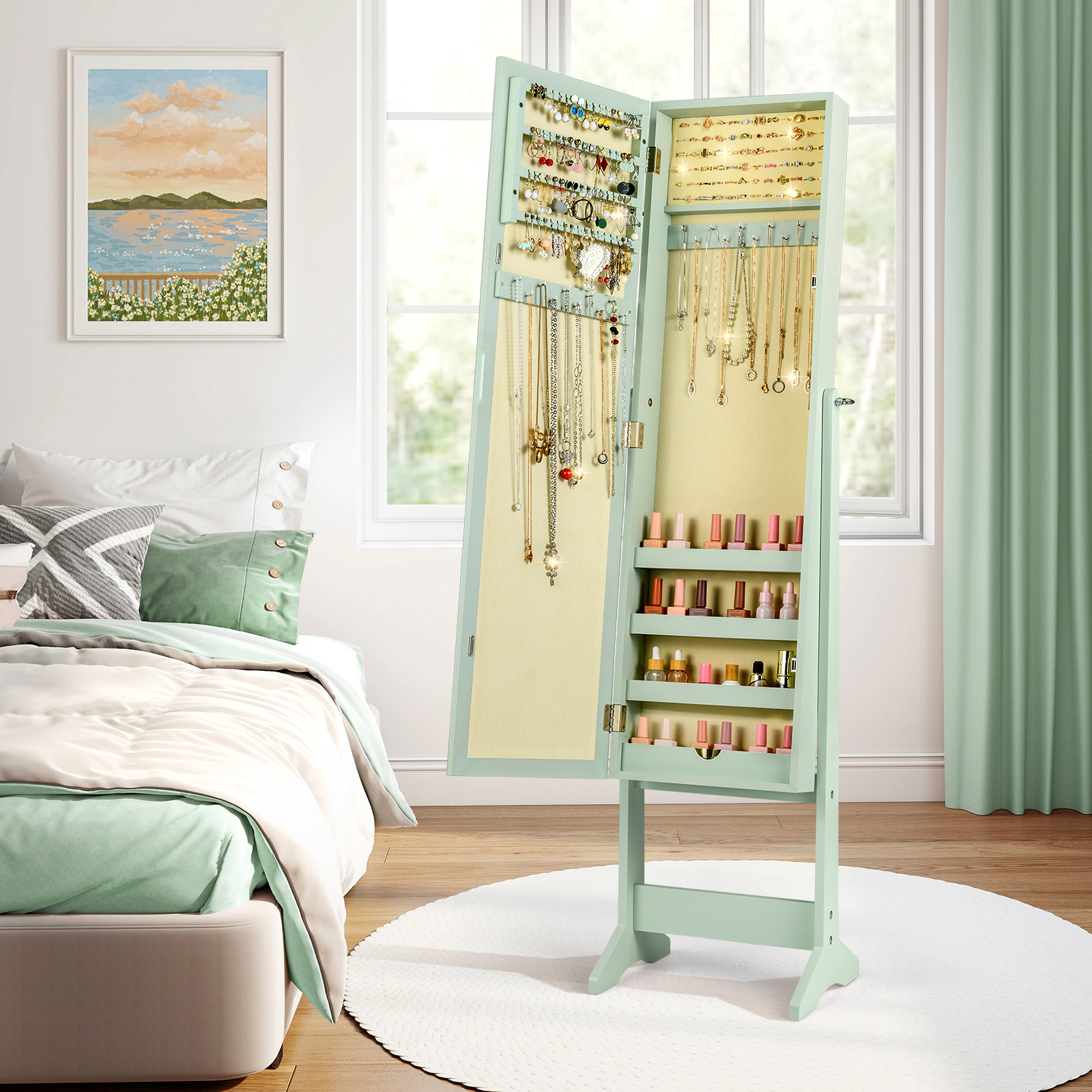 SUGIFT Freestanding Mirrored Standing Jewelry Cabinet Storage Box with Solid MDF Frame 56-in Tall Large Capacity Green