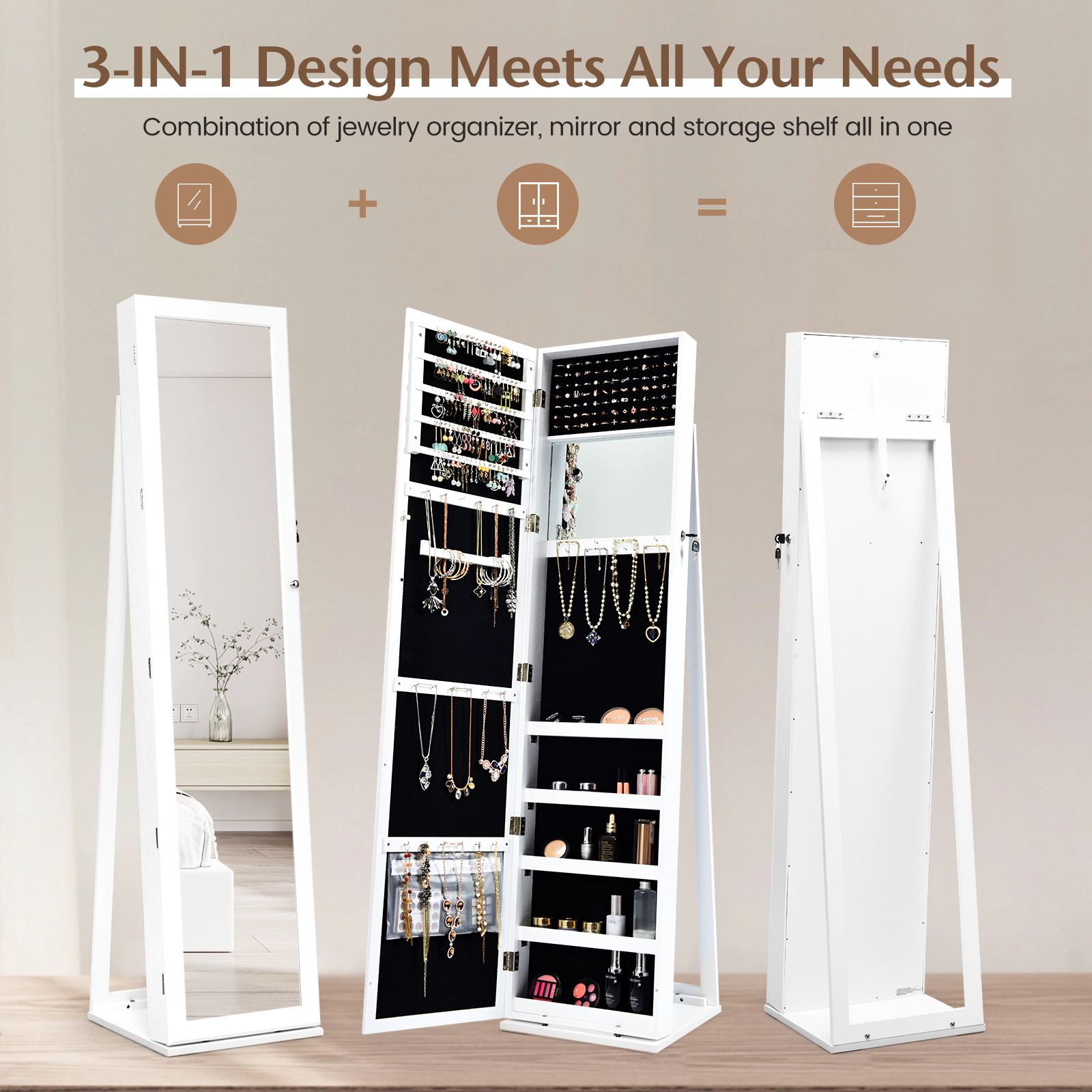 SUGIFT White Standing Jewelry Storage Organizer with Full-Length Mirror Lockable Armoire and Velvet Shelves