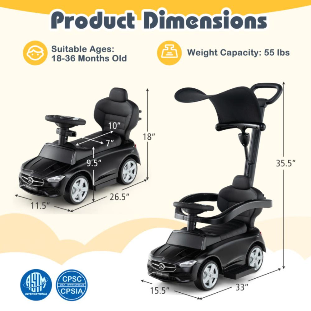 Hivvago 3-in-1 Ride on Push Car Mercedes-Benz Licensed Sliding with Canopy