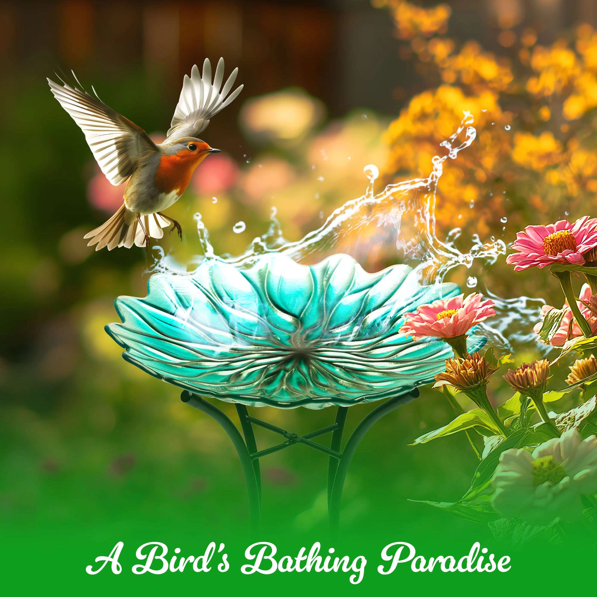 G128 19in Painted Glass Bird Bath with Metal Stand - Green Decorative Outdoor Feeder Bowl