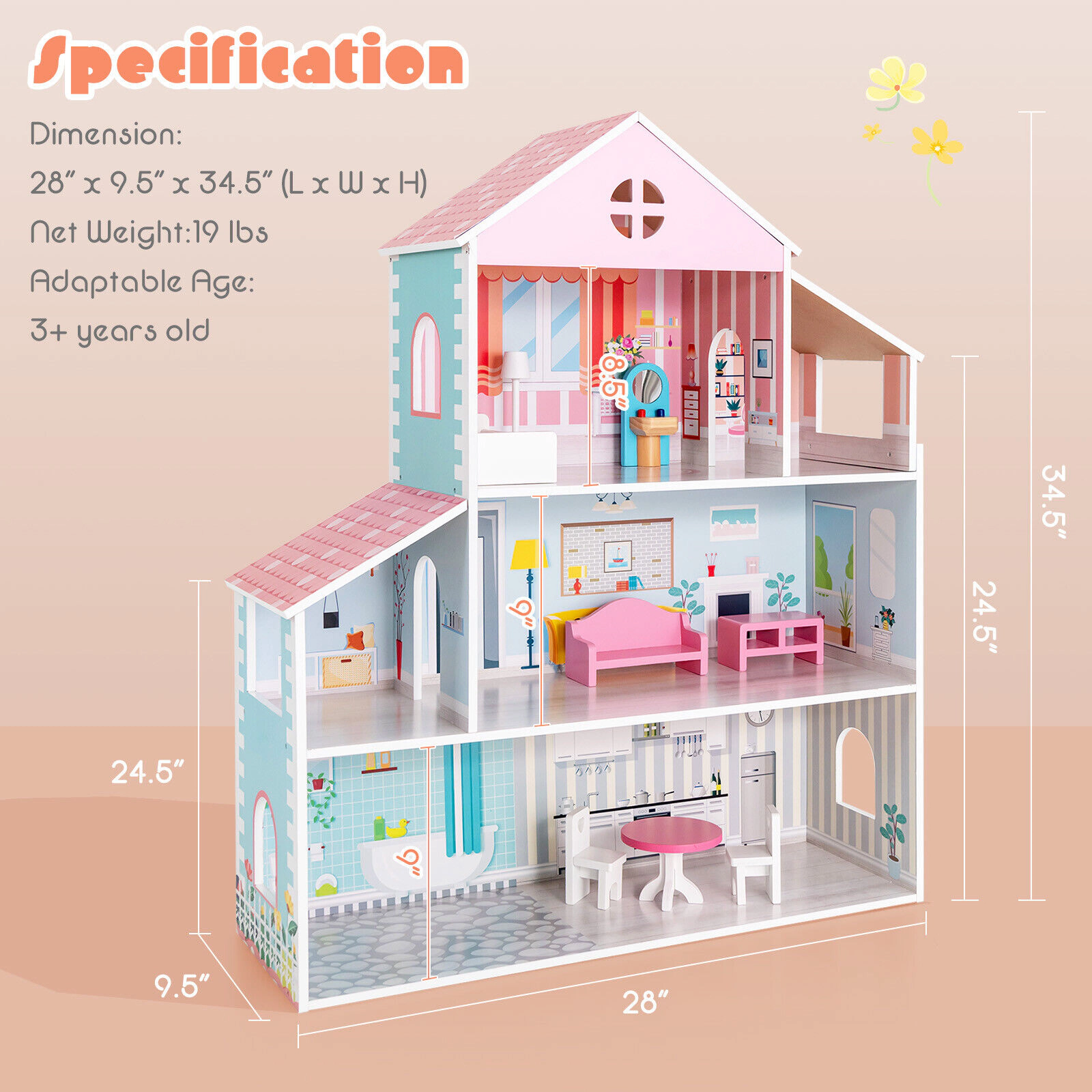3-Tier Doll House with 8 Furniture Pieces 6 Rooms MDF Wooden Dollhouse 34.25-in Tall with Colorful Wallpaper
