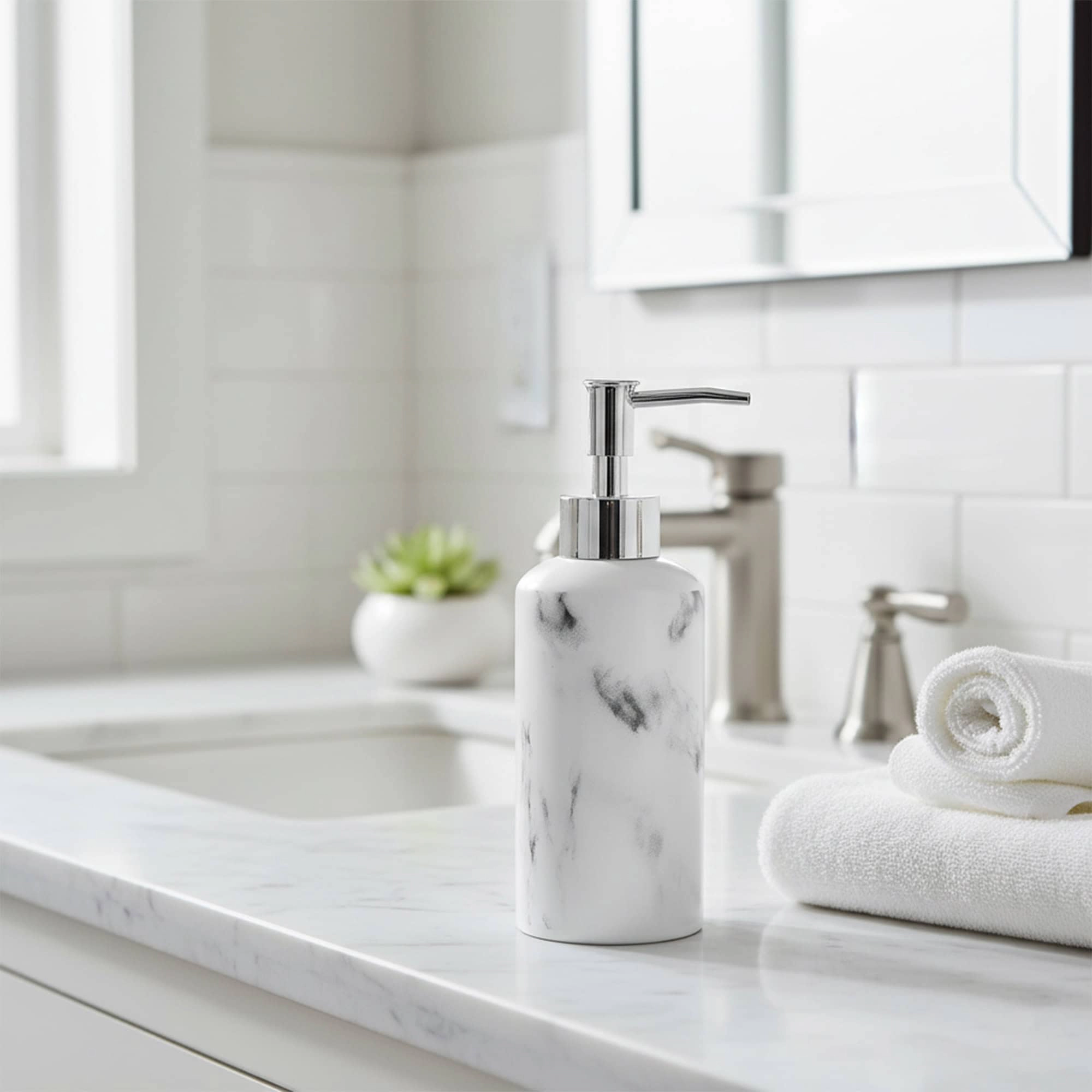 Evideco French Home Goods Marble-Effect Dolomite Soap Dispenser 10 fl oz, Polished White Gray