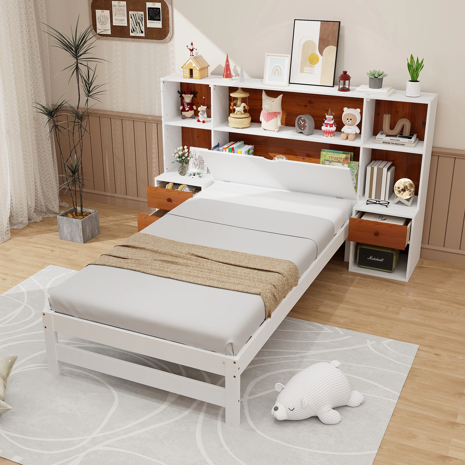 SUGIFT Twin Bed Frame with Storage Headboard and 2 Built-In Nightstands, White and Brown