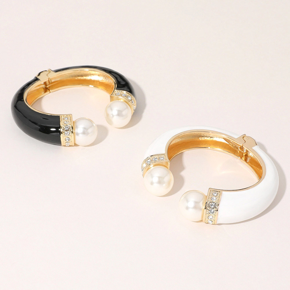 FASHNZFAB Gold Plated Pearl Tip Enamel Hinged Cuff Bracelet