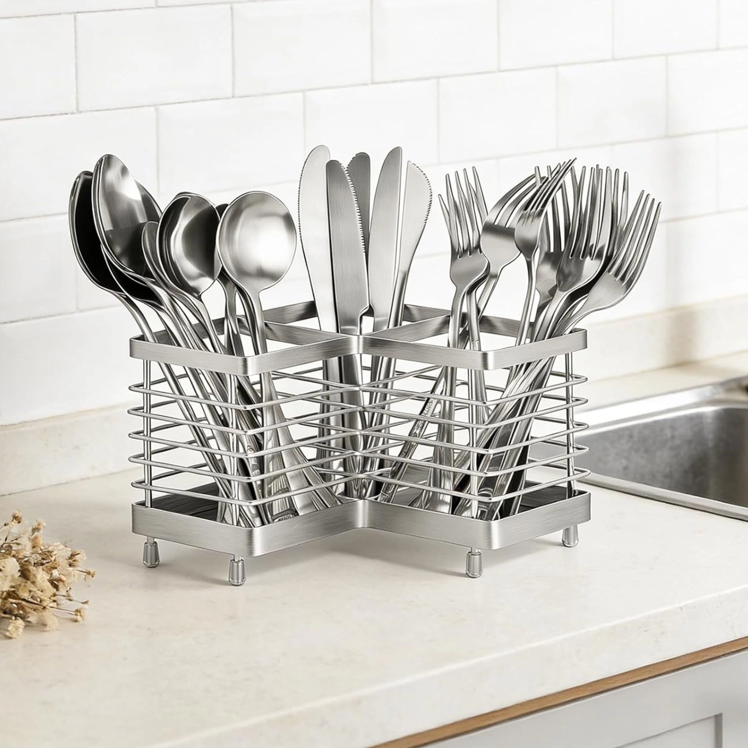 Stock Preferred 3 Compartment Stainless Steel Utensil Holder and Drying Rack