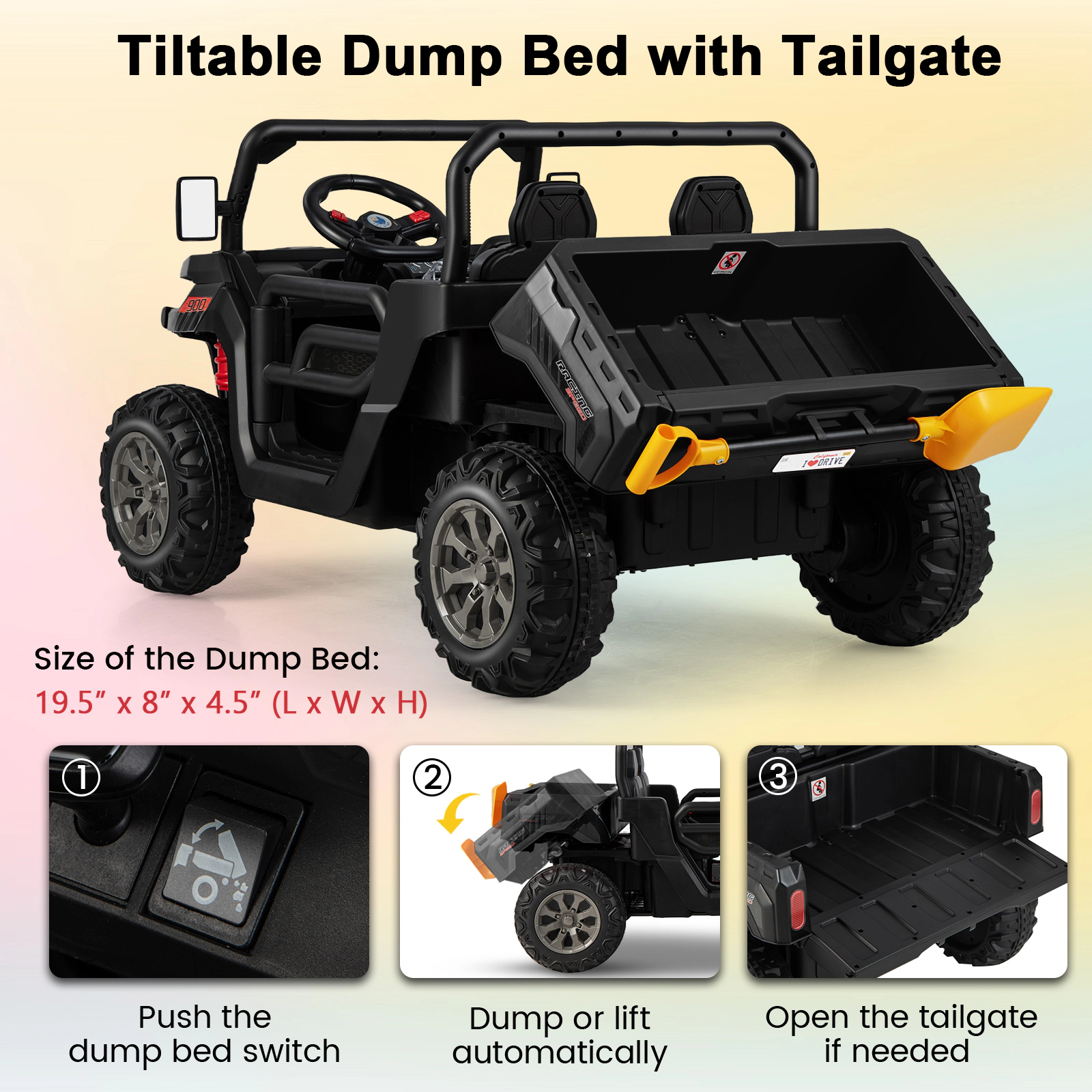24V 2-Seater Kids Ride On Dump Truck One-Button Electric Dump Bed Shovel Holder Parent Remote Ages 3-8 Black