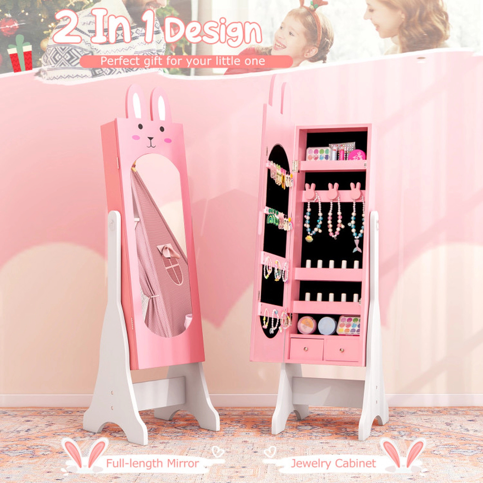 SUGIFT Pink Princess Vanity Table Chair and Jewelry Armoire Kids Room Furniture Set