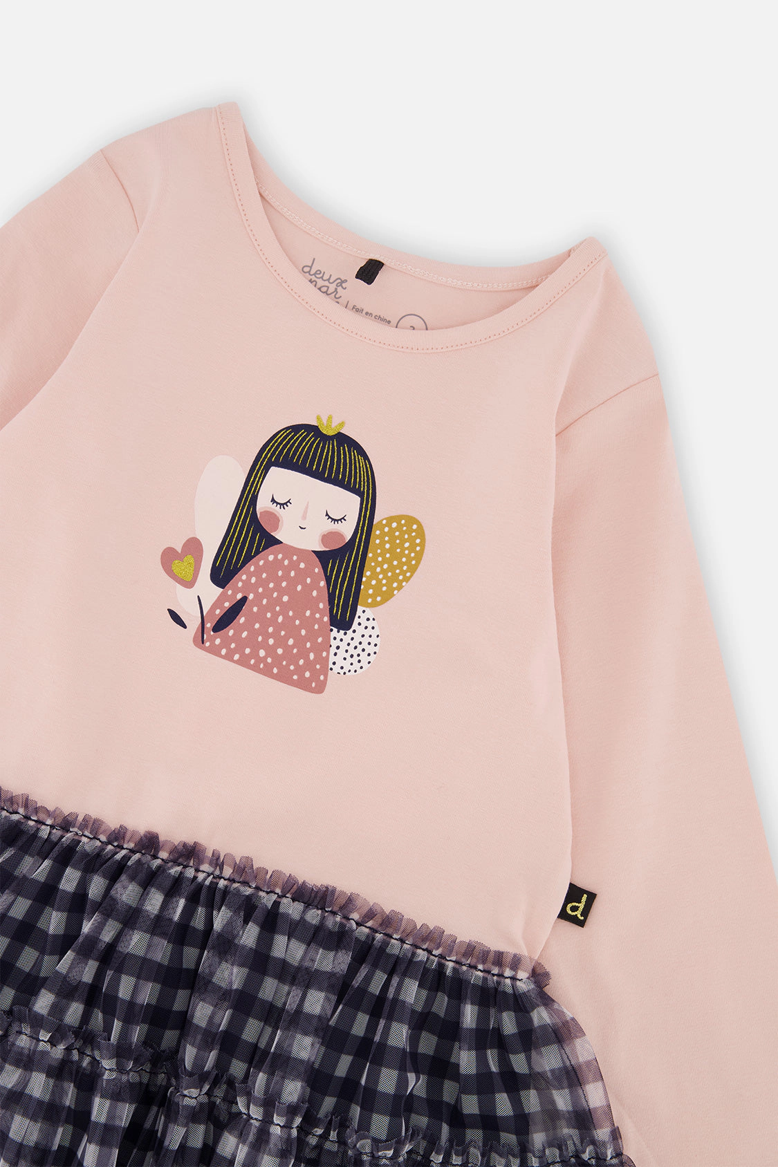 Deux par Girls Fairy Graphic & Gingham Bi-Material Dress