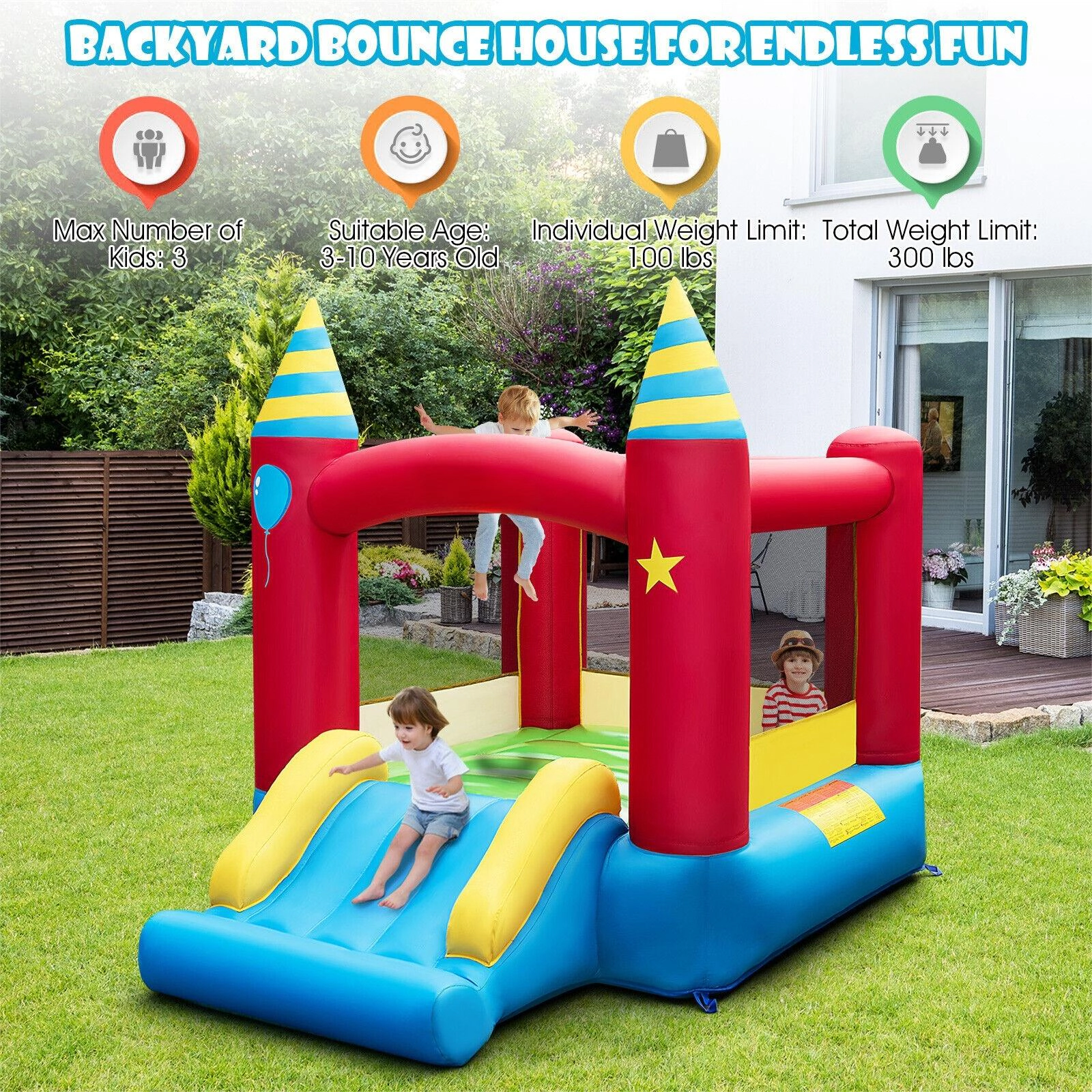 SUGIFT Inflatable Bounce Castle with Slide 81-in Tall Frame 200-lb Total Capacity Ages 3-12 Excluded Blower